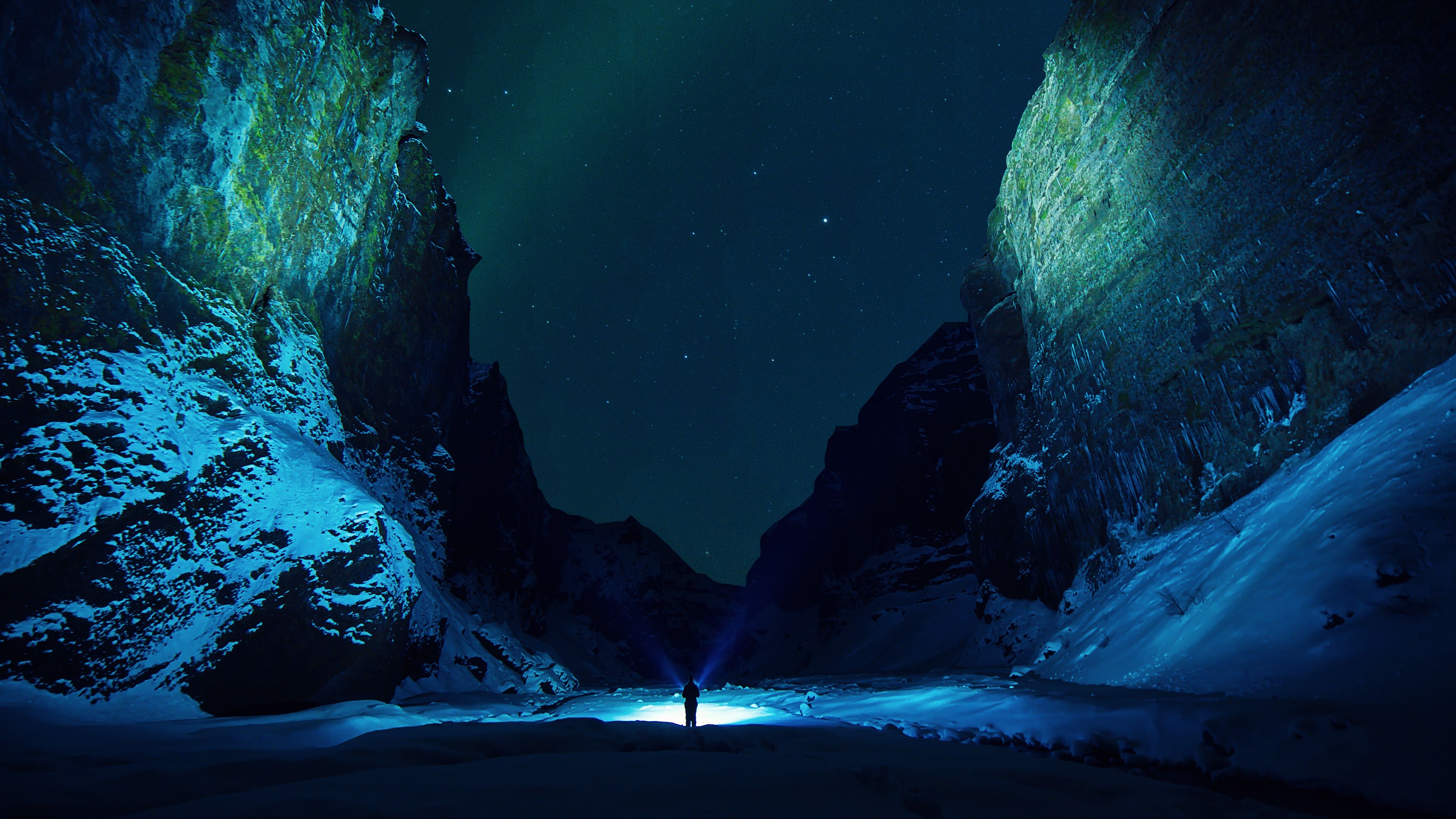 mountains, starry sky, snow, ice floes, night, 4k, HD Wallpaper