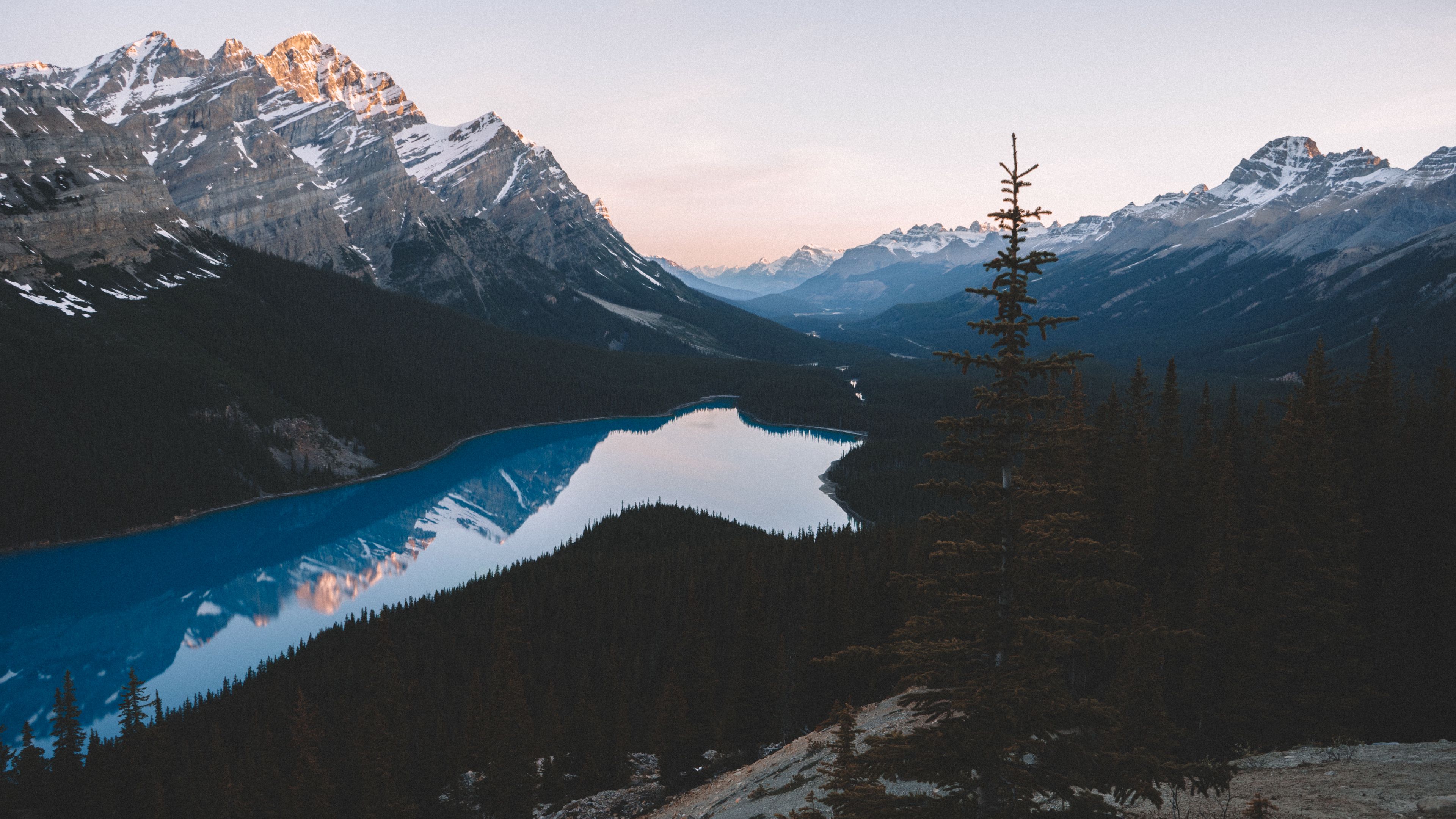lake, mountains, trees, sky, 4k, HD Wallpaper