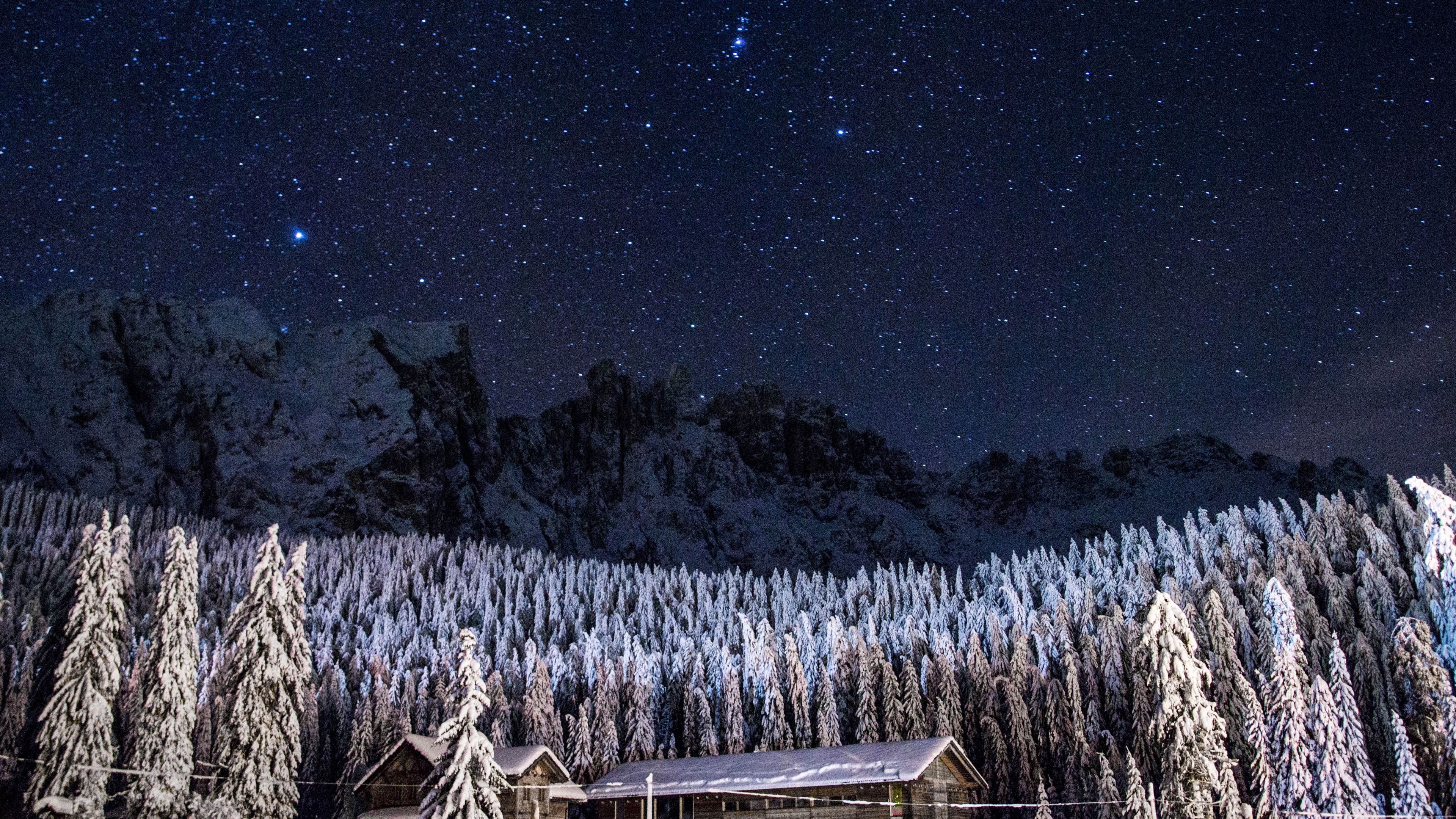 starry sky, barn, building, mountains, 4k, HD Wallpaper
