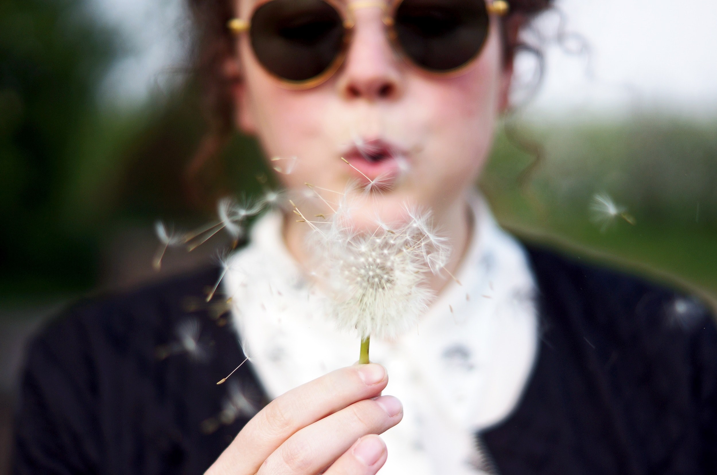 a woman blowing at a dandelion seed head, making a wish 4k, HD Wallpaper