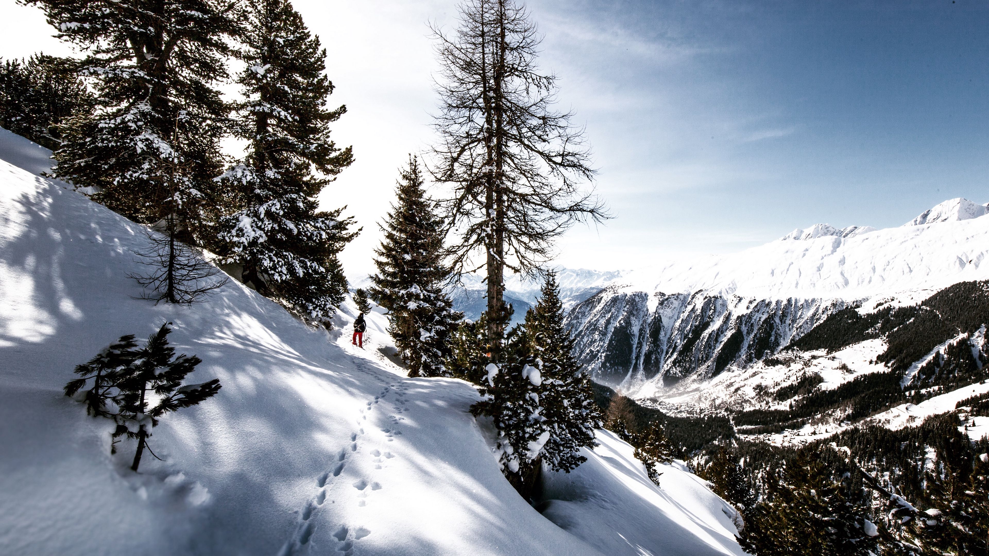 skier, mountains, snow, traces, 4k, HD Wallpaper