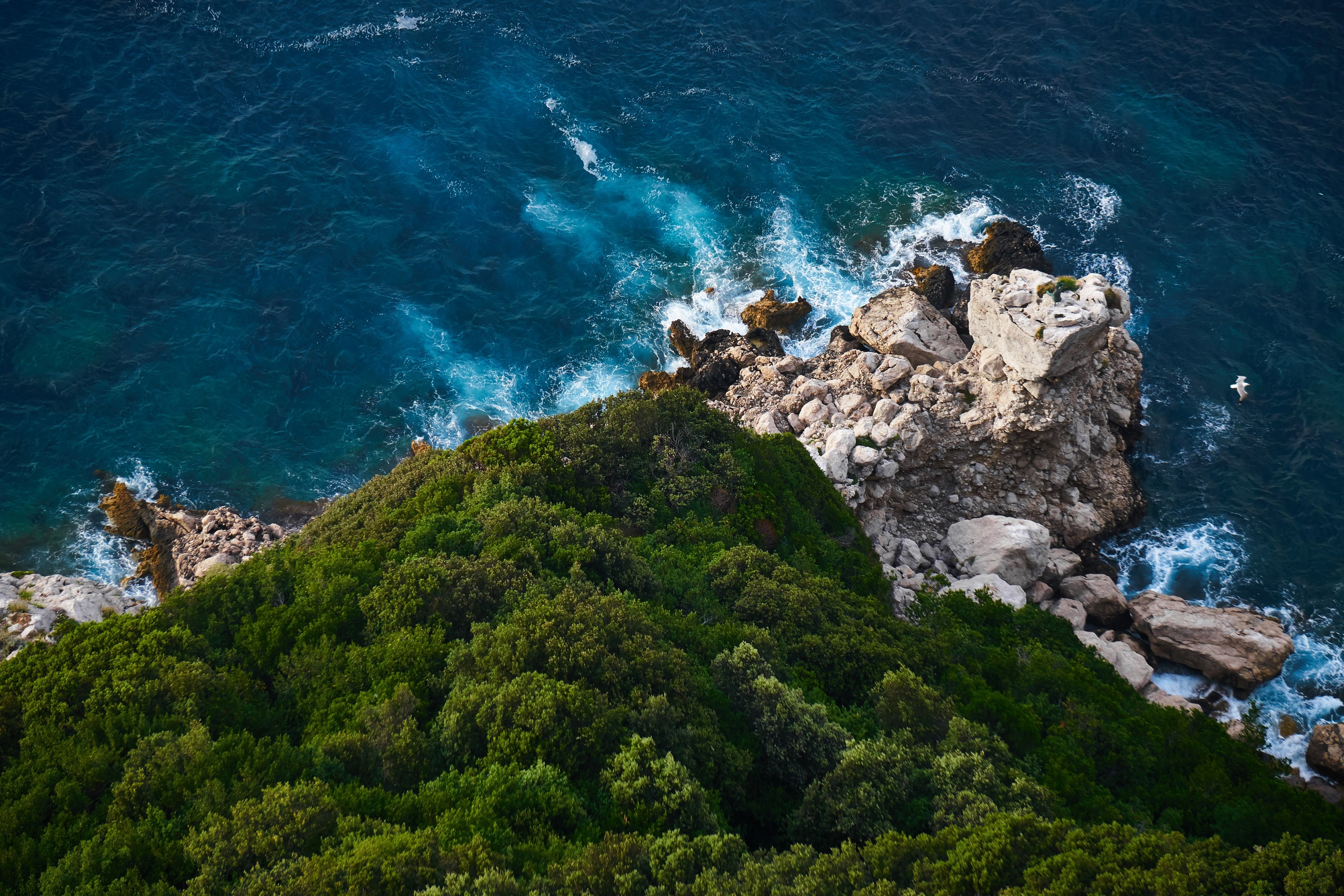 a drone shot of a wooded cliff over a rough sea, rocky cliff from above 4k, HD Wallpaper