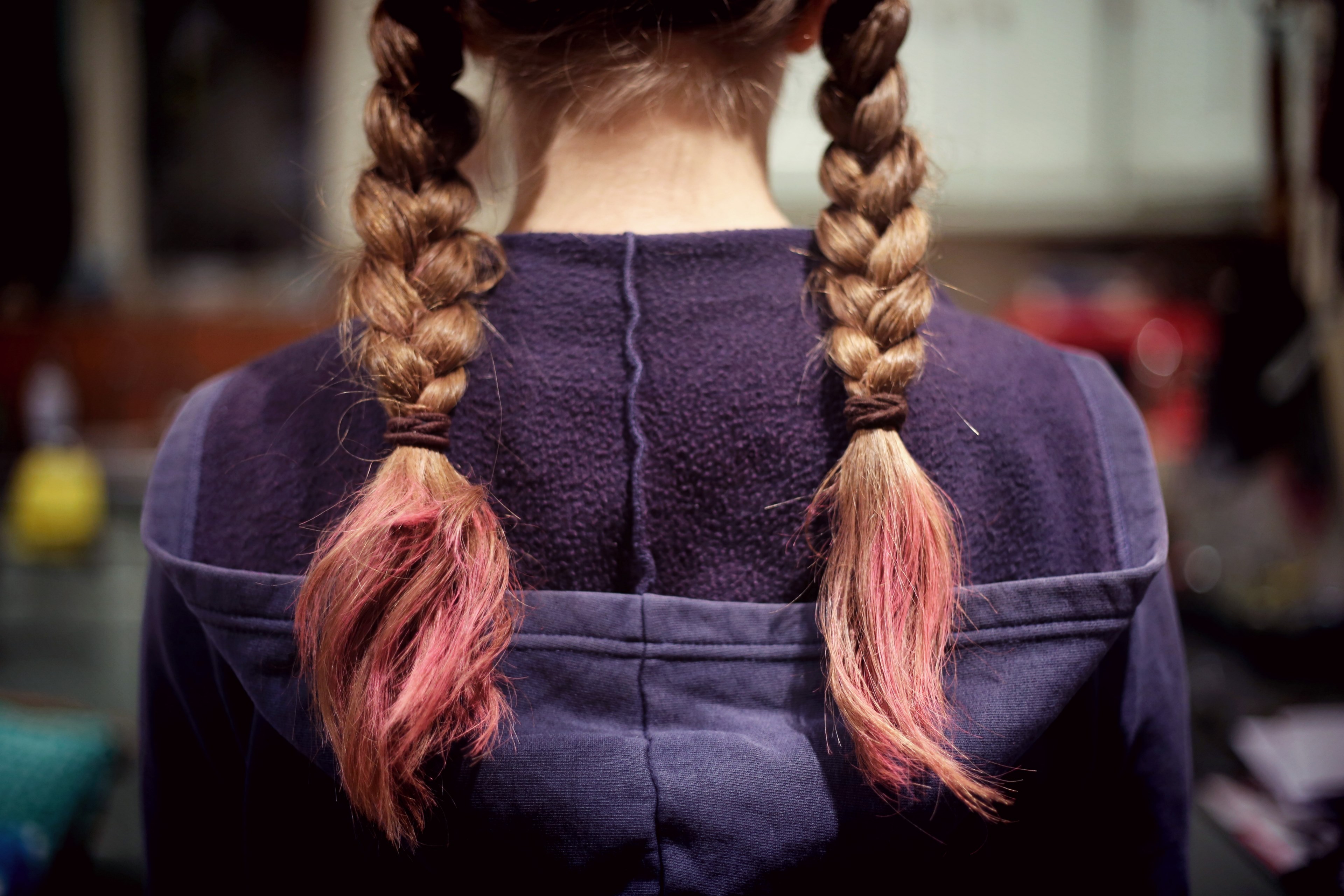 standing behind a girl whose hair is in braided pigtails with pink ends, braided pigtails 4k, HD Wallpaper