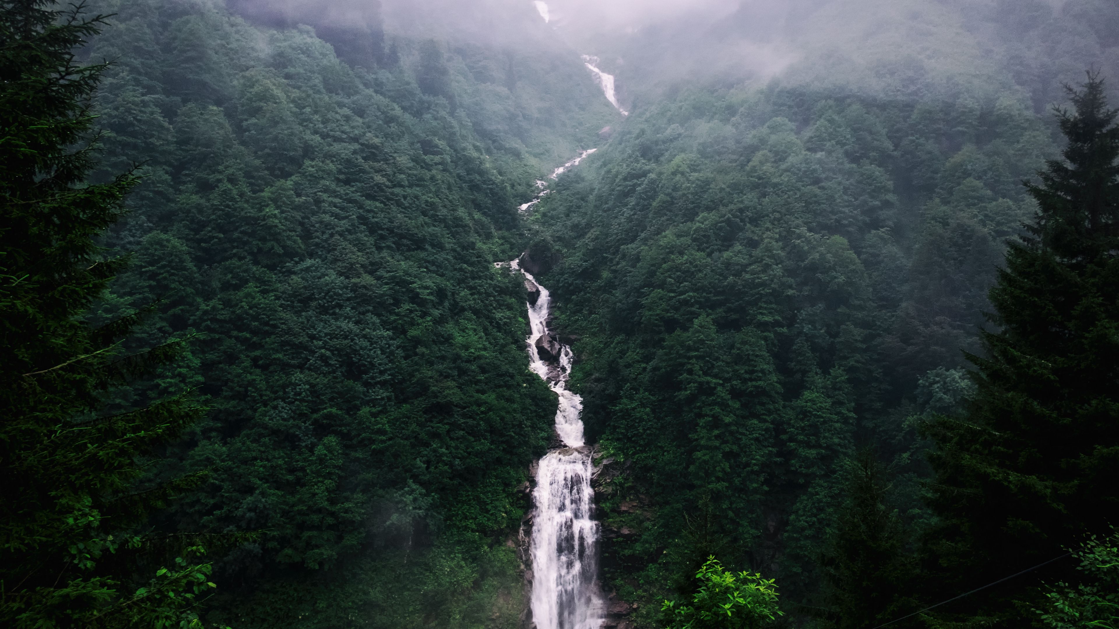 waterfall, trees, fog, 4k, HD Wallpaper