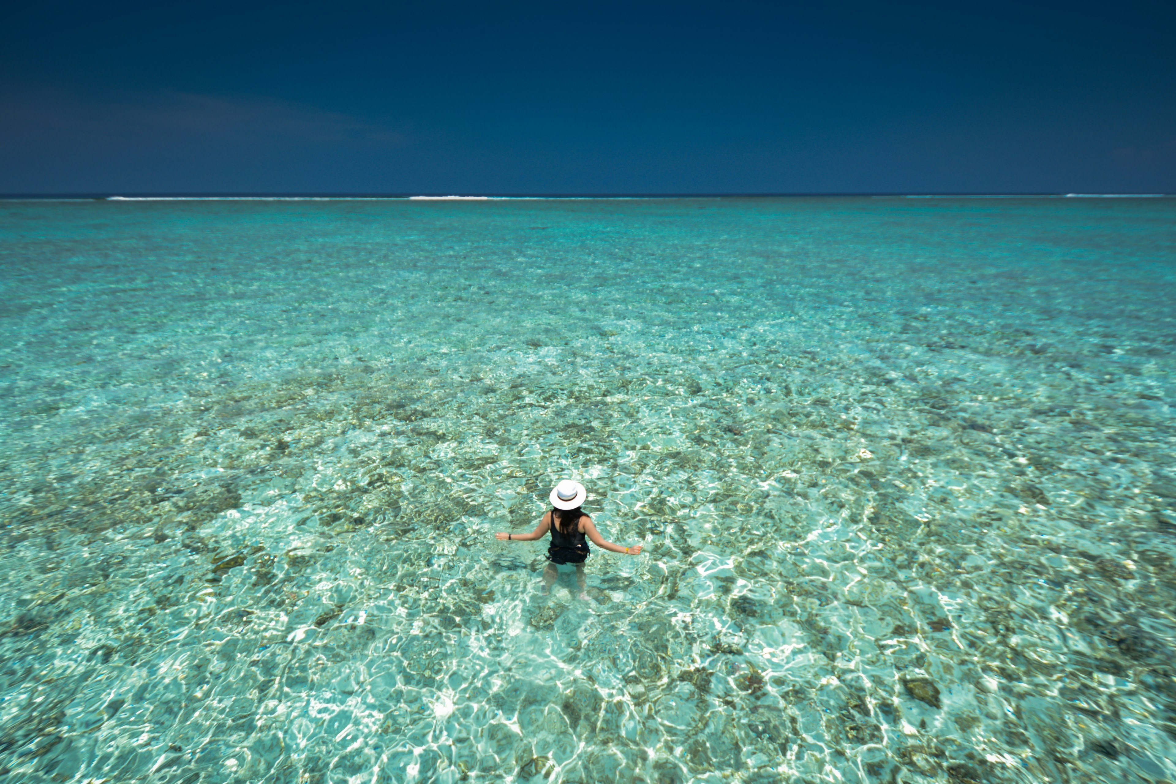 a woman in a white hat standing in clear waist high water with the sea coast stretching far into the distance, in to the blue 4k, HD Wallpaper