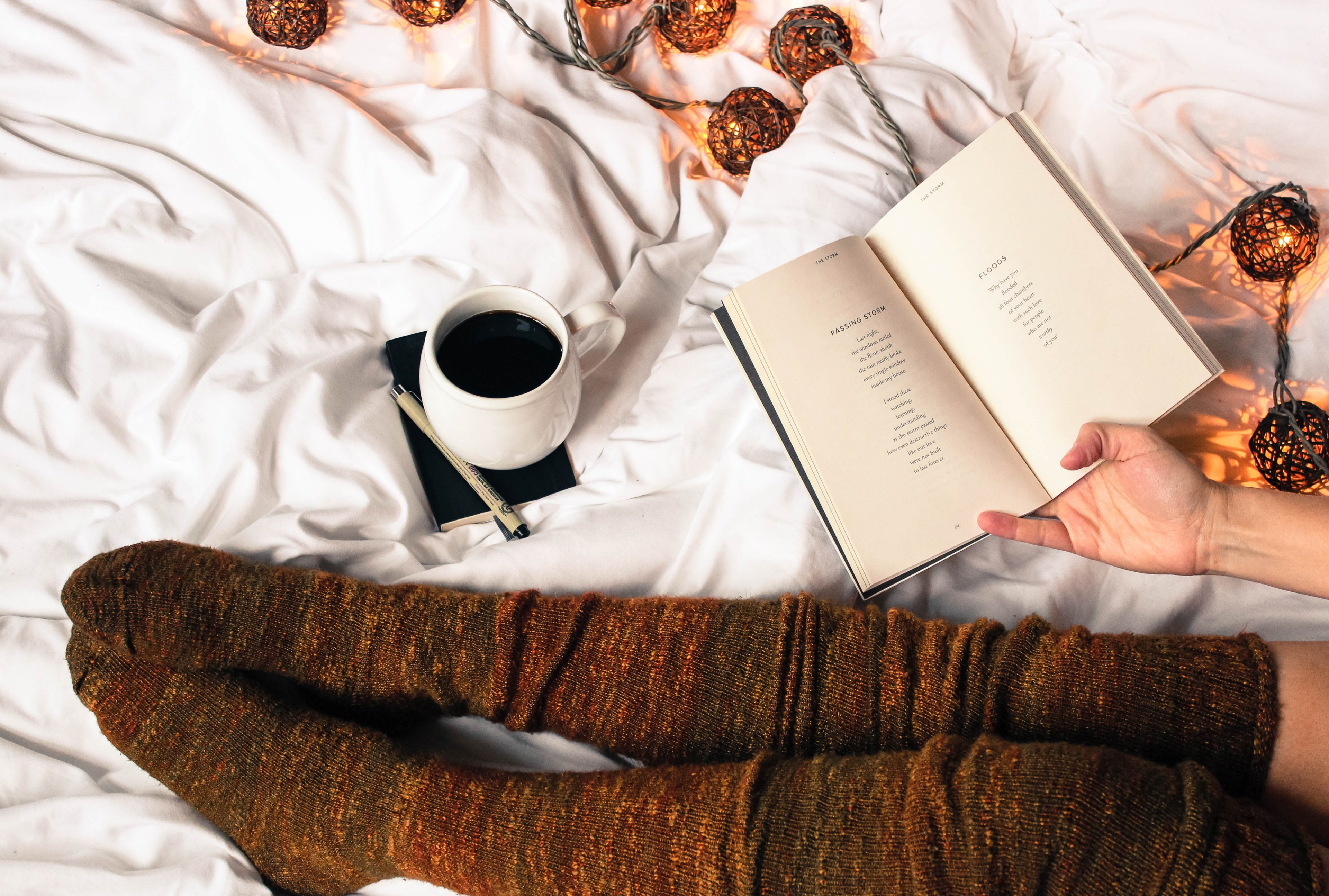 woman roads poetry book while drinking coffee 4k, HD Wallpaper