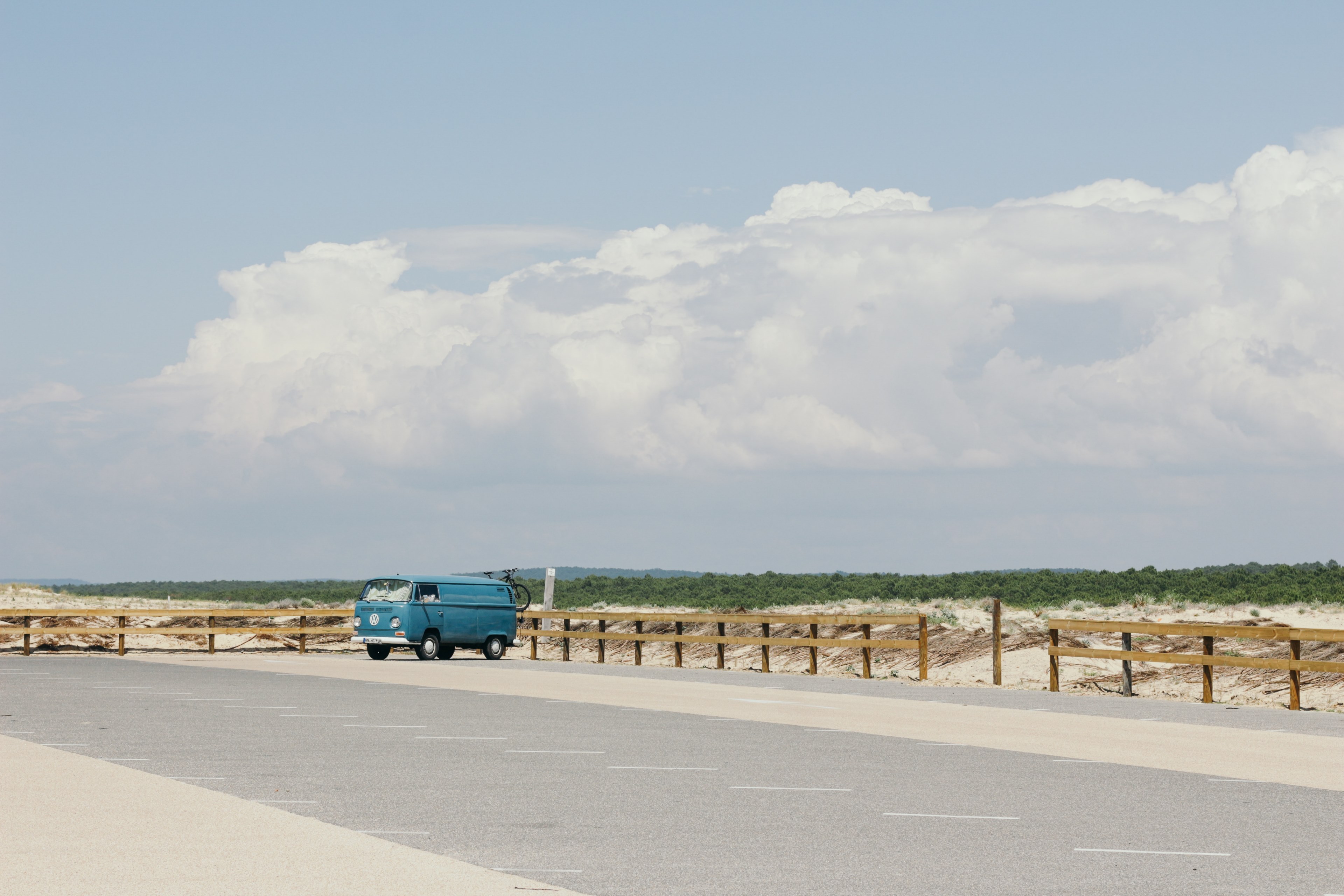 a wide angle shot of a blue vintage vw van in a parking lot, _vintage blue van 4k, HD Wallpaper