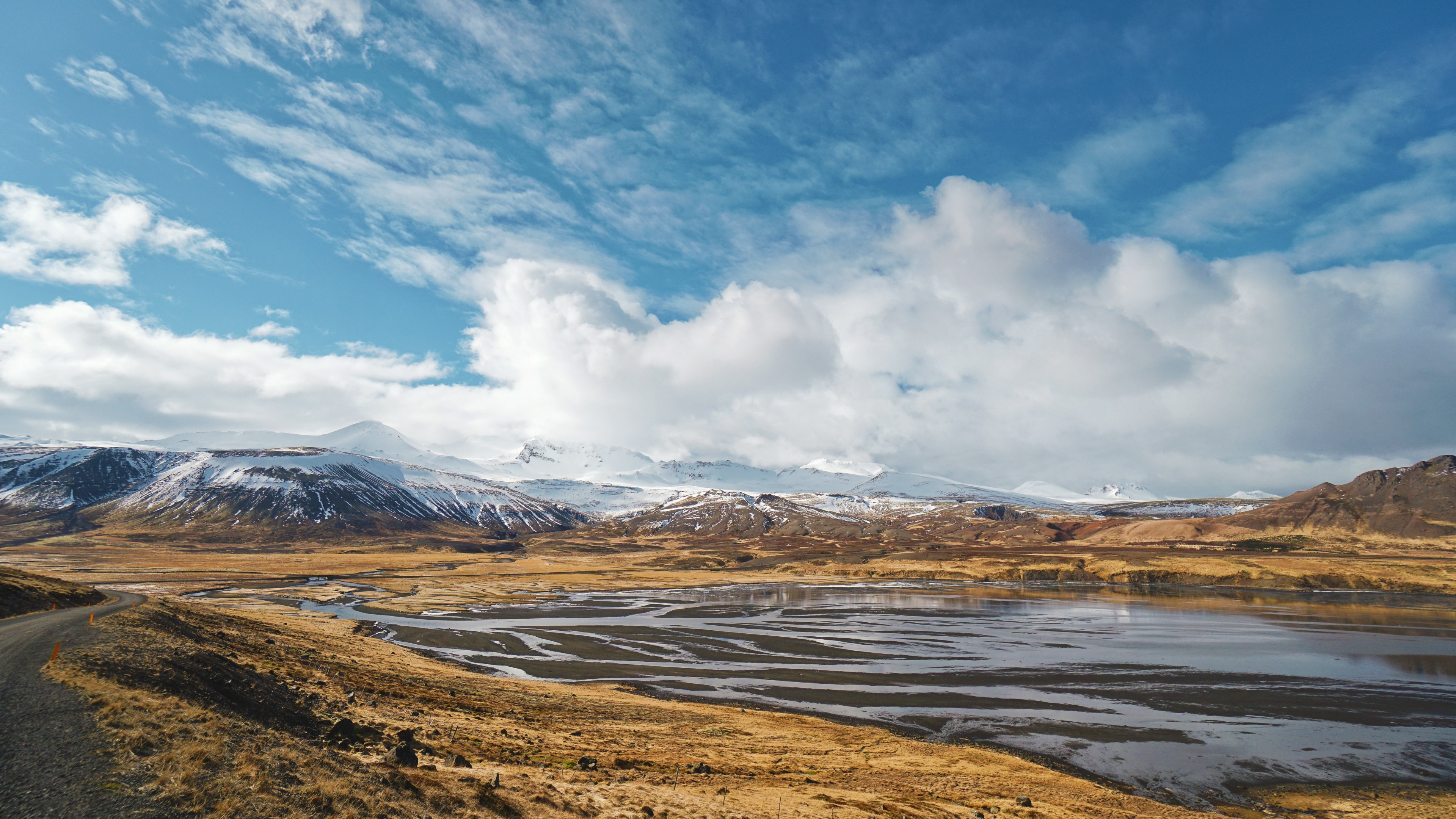 scenic view of snow covered mountain tops in iceland with a clear sky and river, _streams of consciousnfellsnes 4k, HD Wallpaper