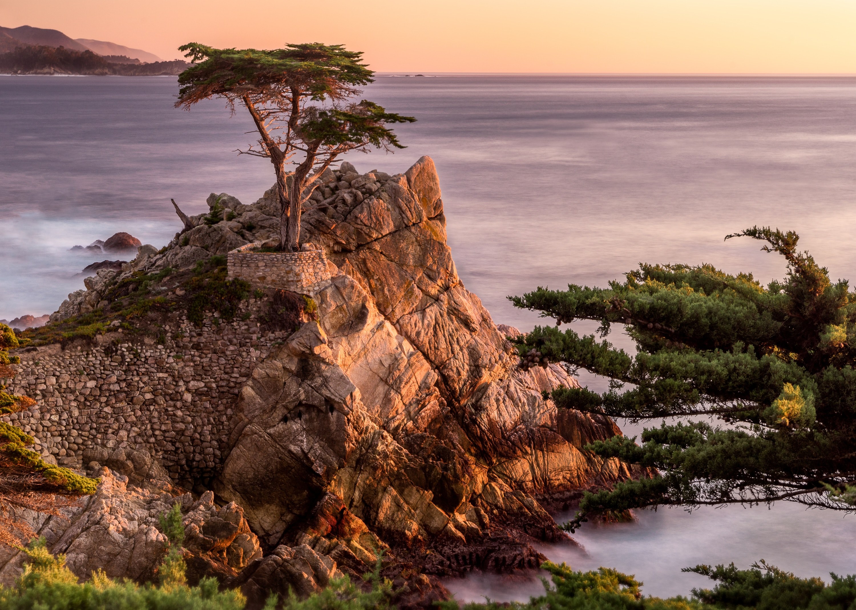a small cliff jutting out into a frothy sea, lone cypress 4k, HD Wallpaper
