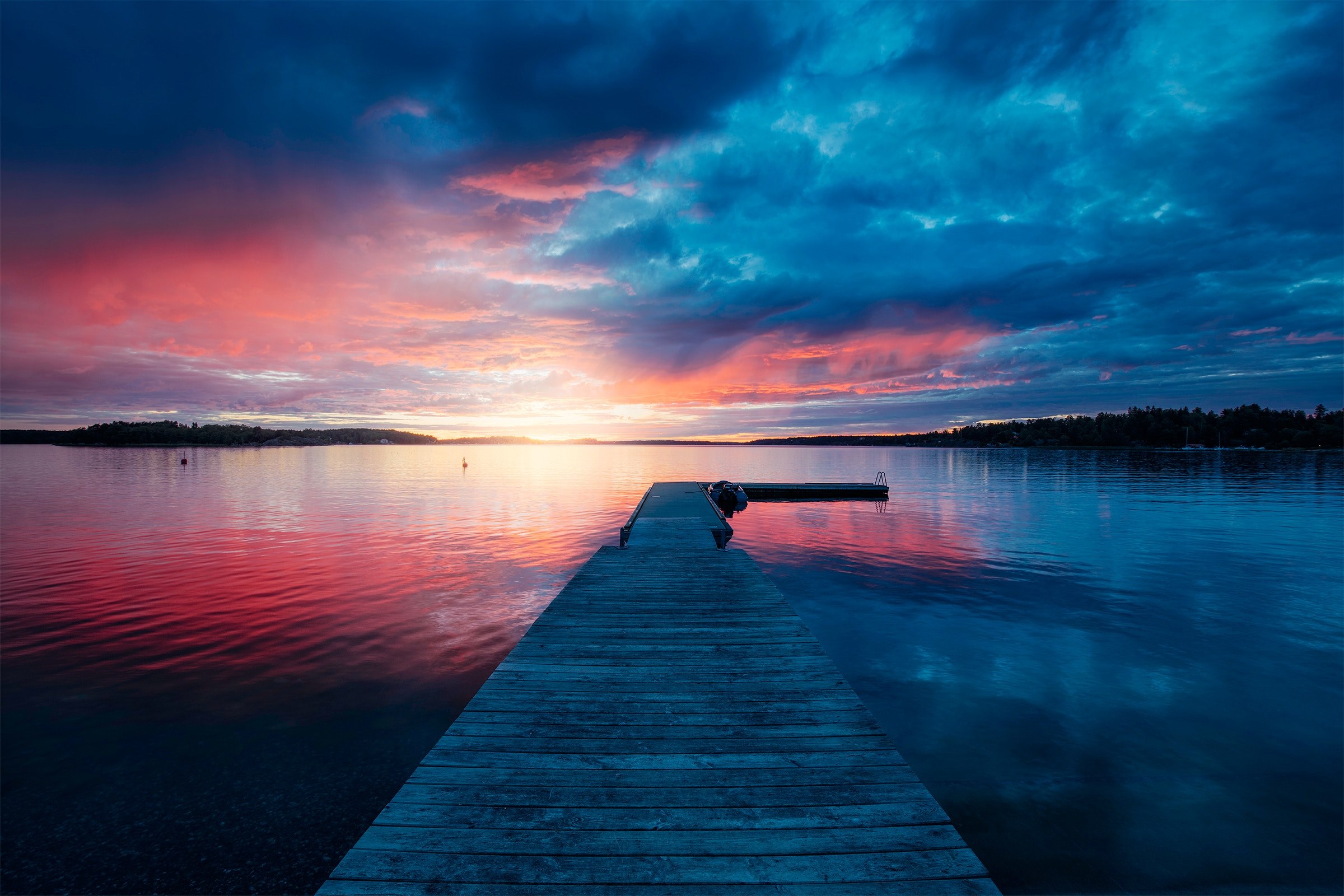 red and blue sky over a long wooden pier on a lake during sunset, stockholm archipelago 4k, HD Wallpaper