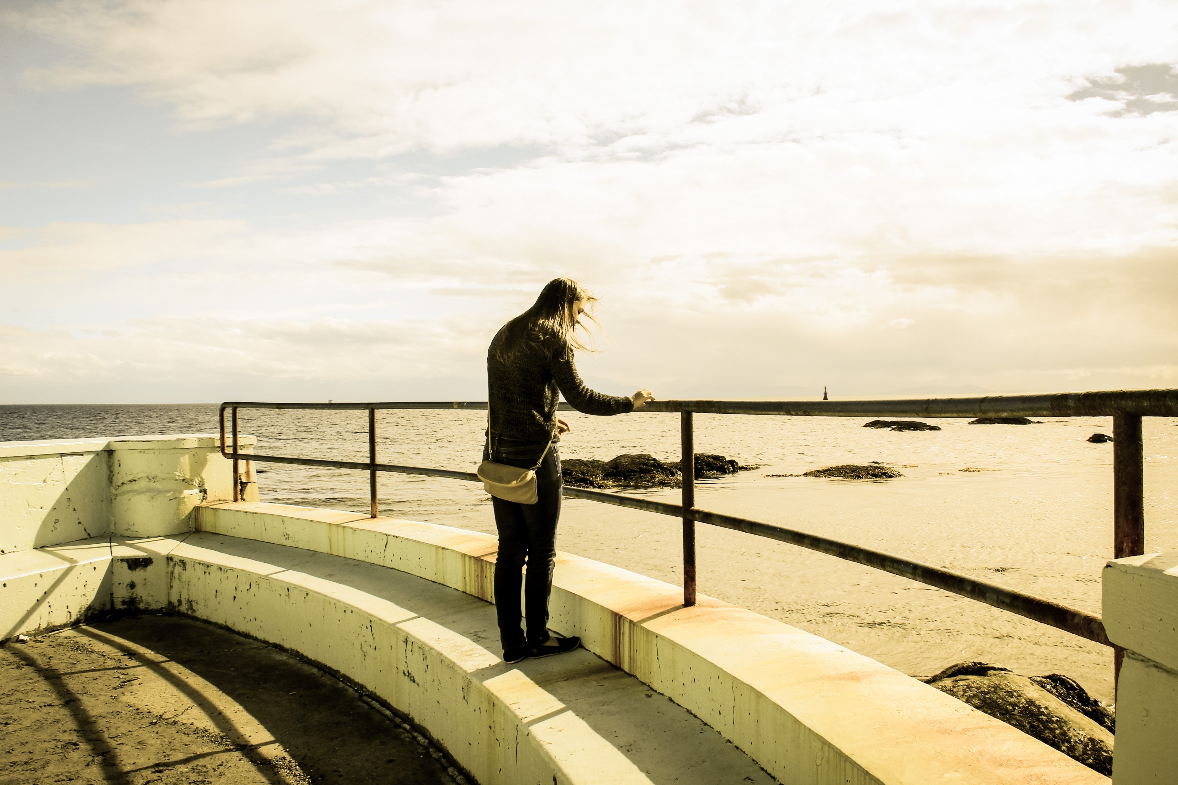 woman thought person and railing 4k, HD Wallpaper