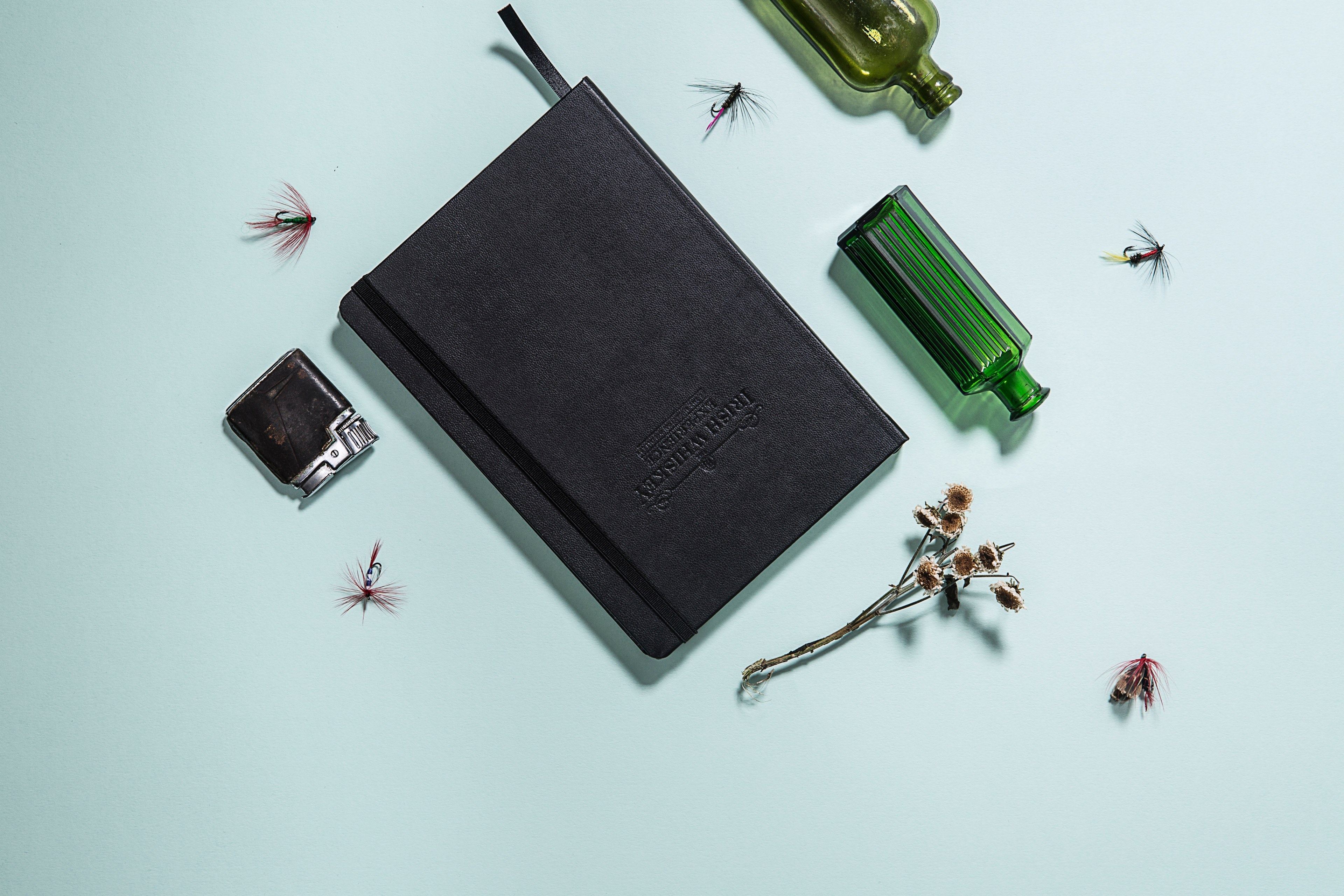 flat lay shot by clapham studios comprises of a notebook bottles flowers and a lighter, _flat lay clapham studios 4k, HD Wallpaper