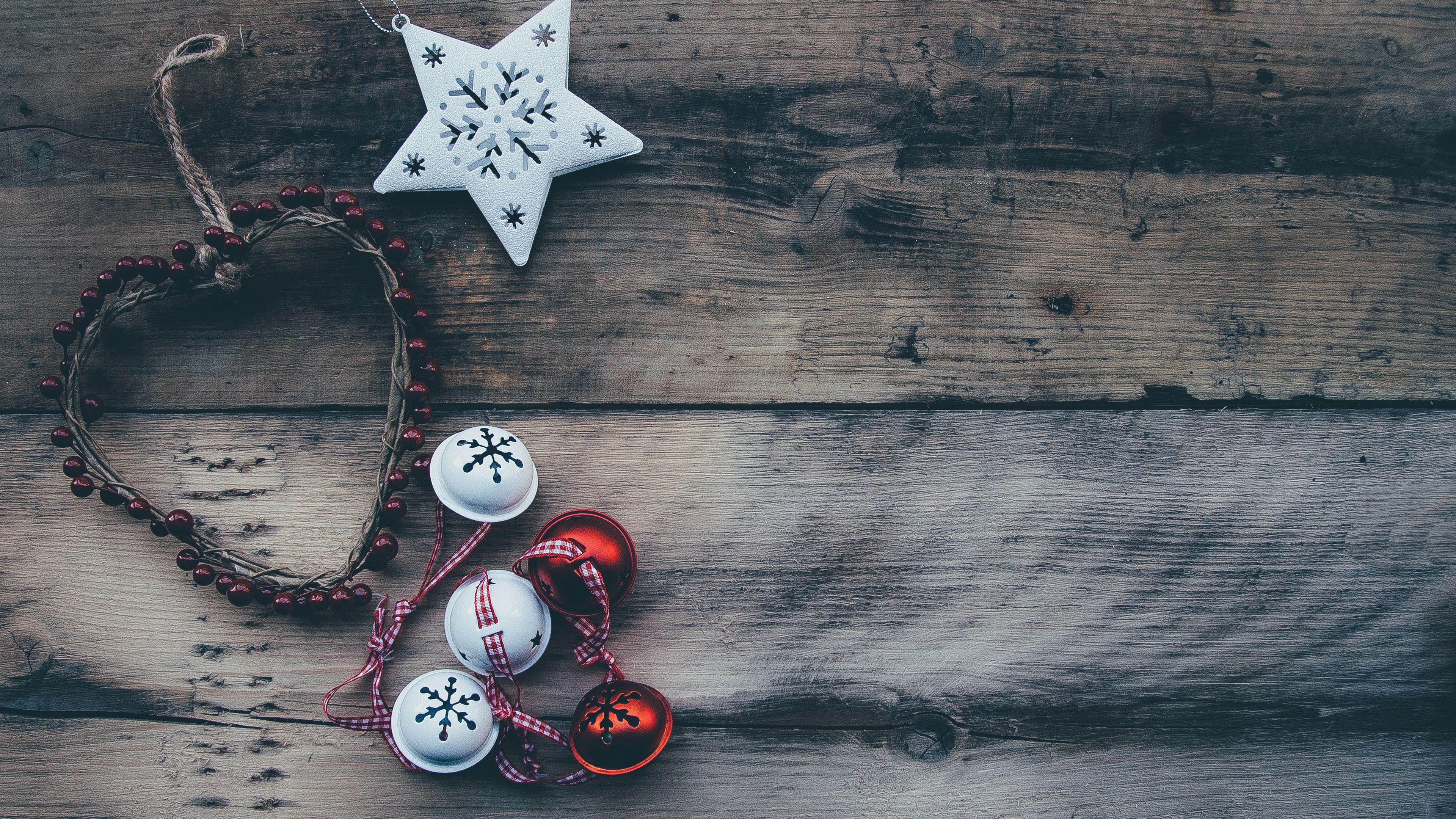 christmas, sphere, heart, ornament, star, 4k, HD Wallpaper