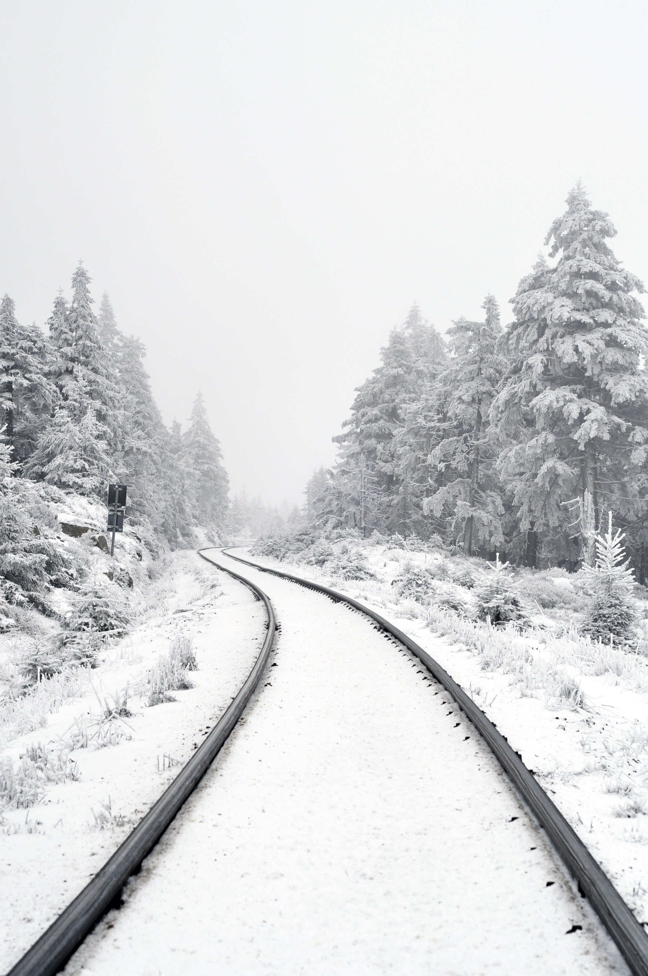 train tracks covered in snow on a cold winter day, harz germany 4k, Phone HD Wallpaper