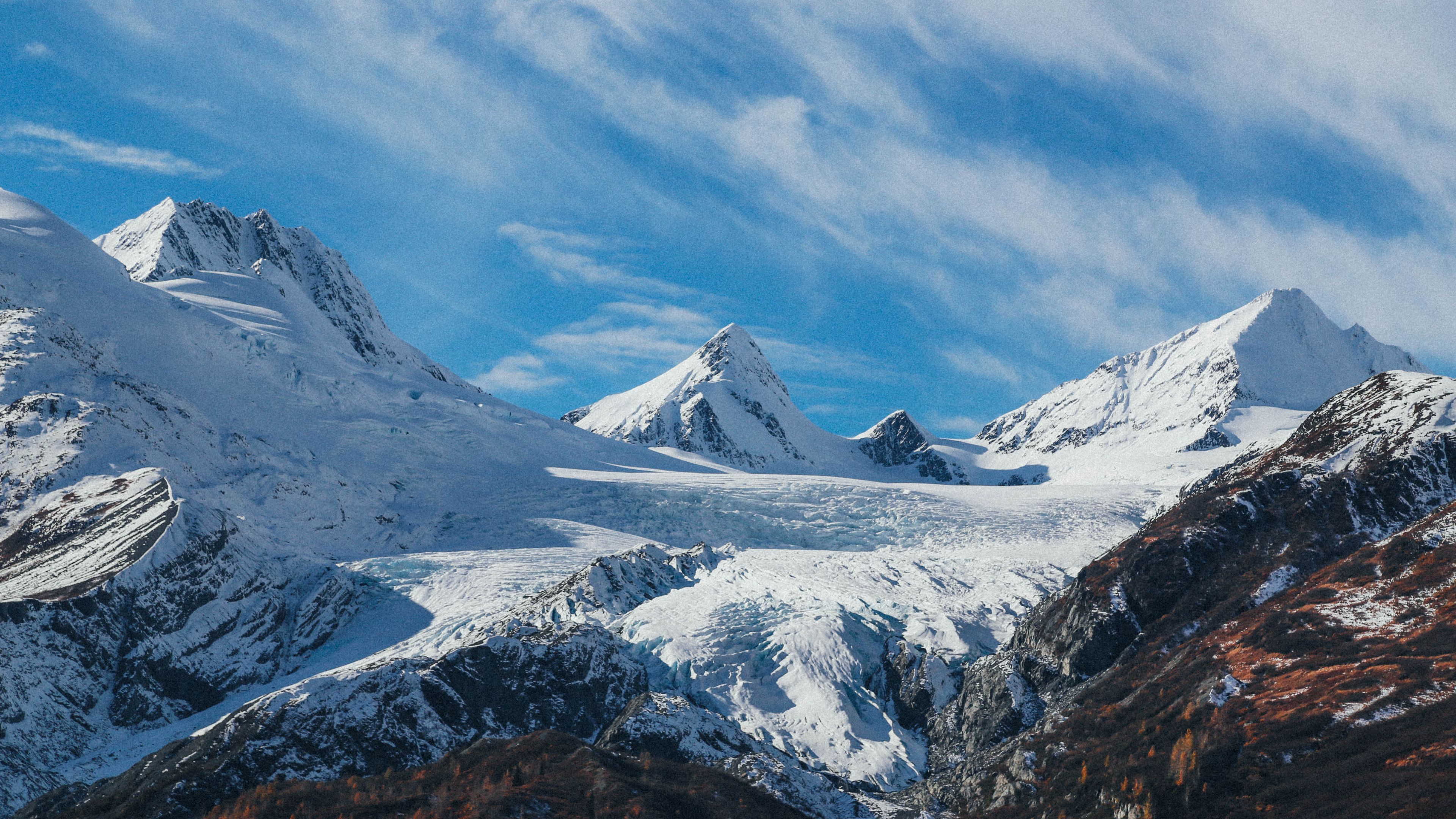 mountains, snow, peaks, landscape, 4k, HD Wallpaper