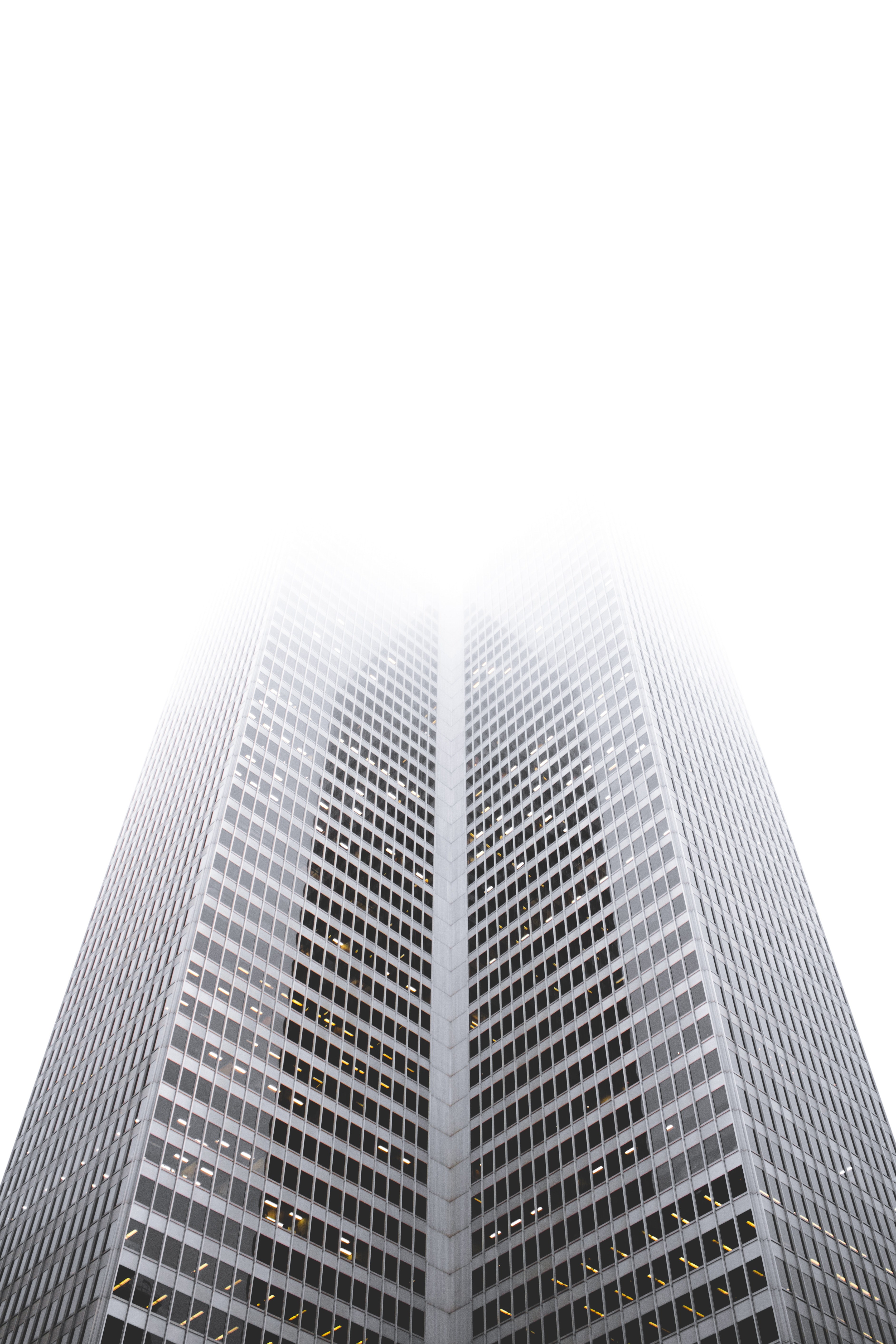 looking up at foggy skyscrapers in place ville marie, fade away_ 4k, Phone HD Wallpaper