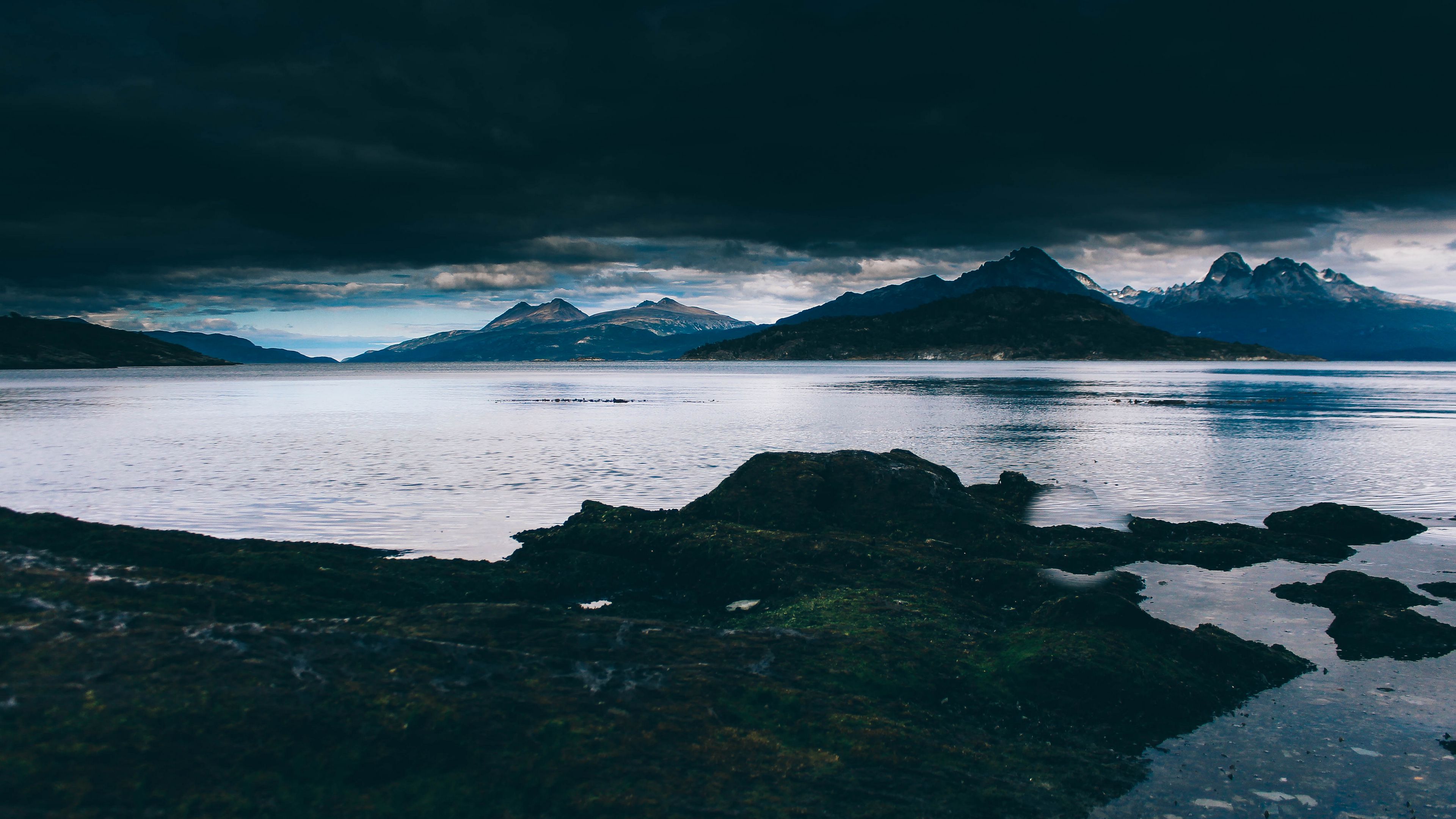 sea, mountains, shore, night, 4k, HD Wallpaper