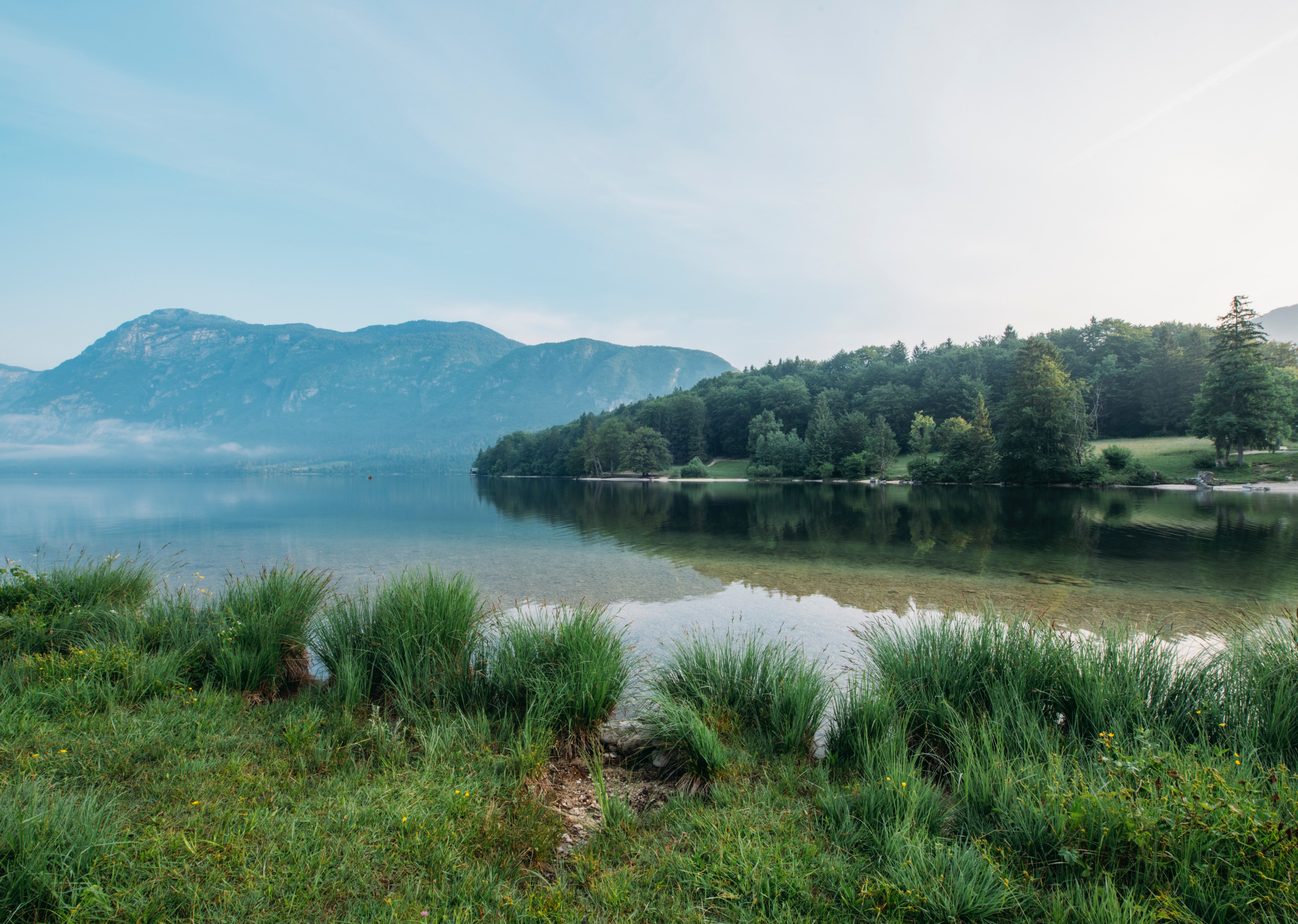 a clear lake by the rocky hills and pine woods, hills on the other shore 4k, HD Wallpaper