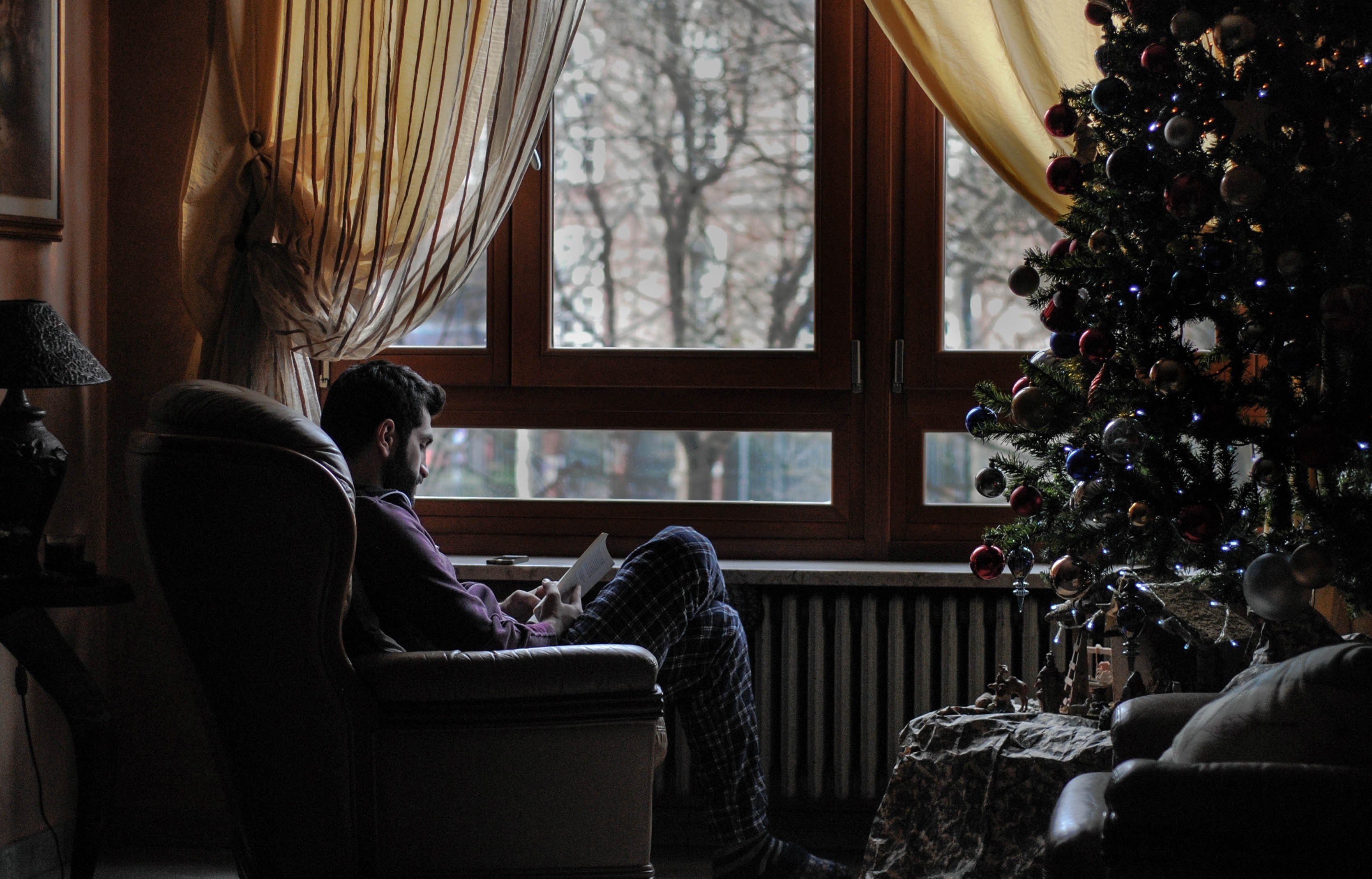 man reading a book sitting by the window during christmas at metropolitan city of turin, cozy home 4k, HD Wallpaper