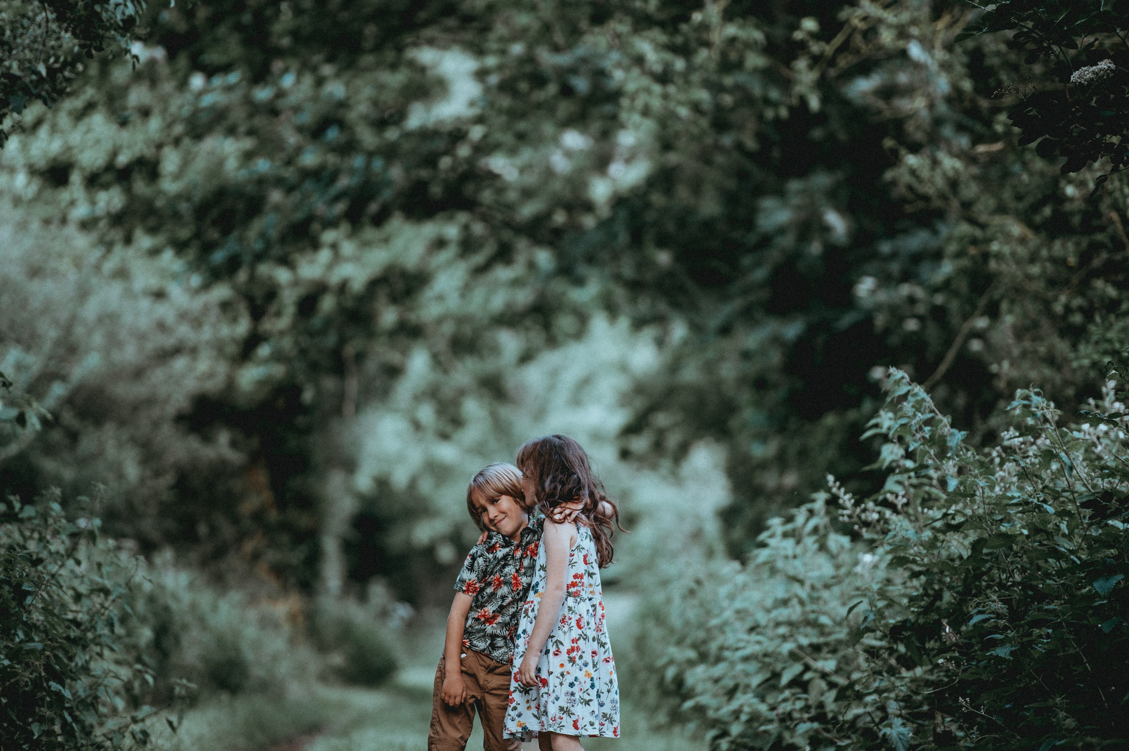 two young children a boy and girl hug outdoors in a green forested area, siblings children hugging_ 4k, HD Wallpaper