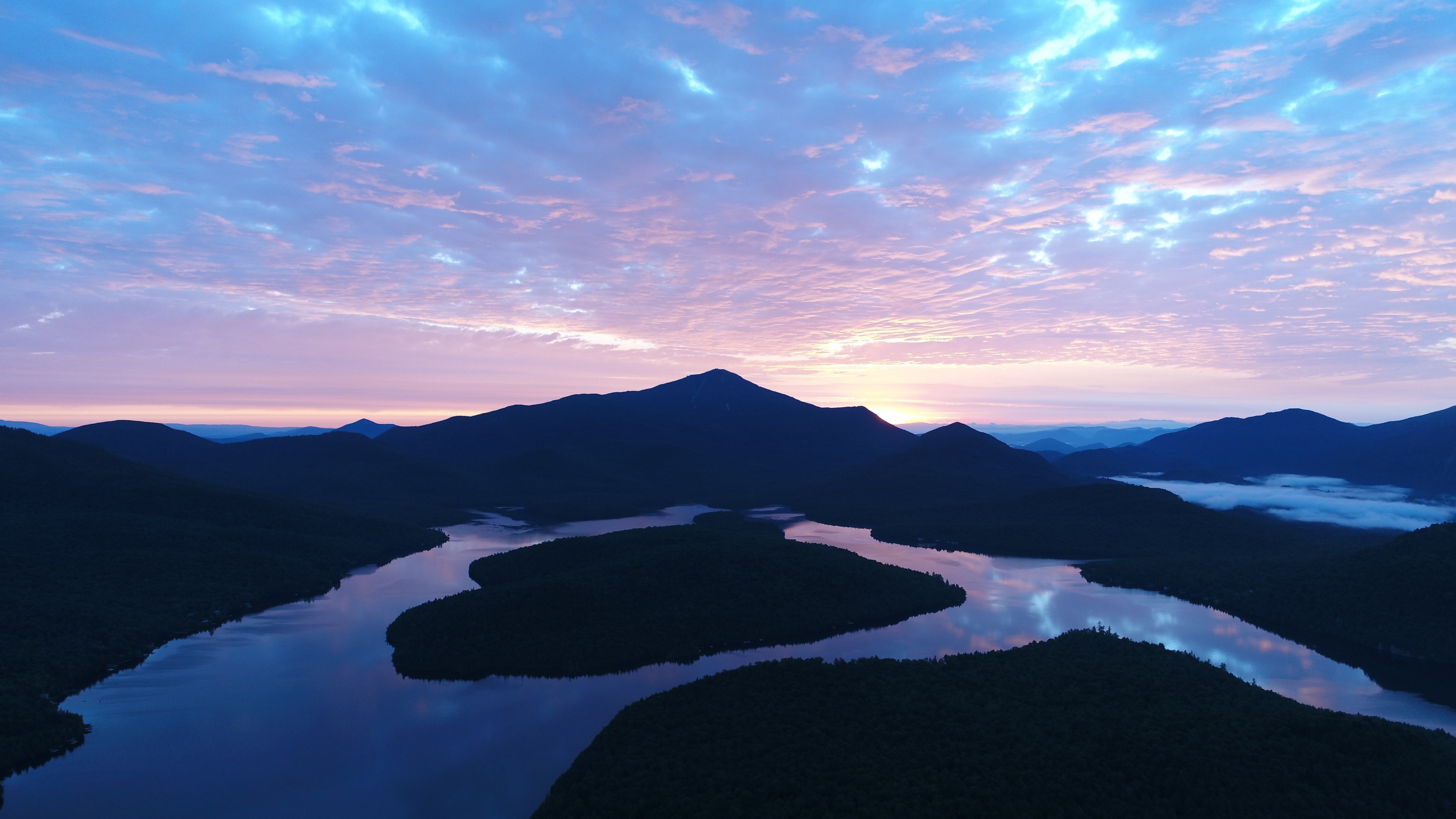 flying over lake placid at dawn 4k, HD Wallpaper