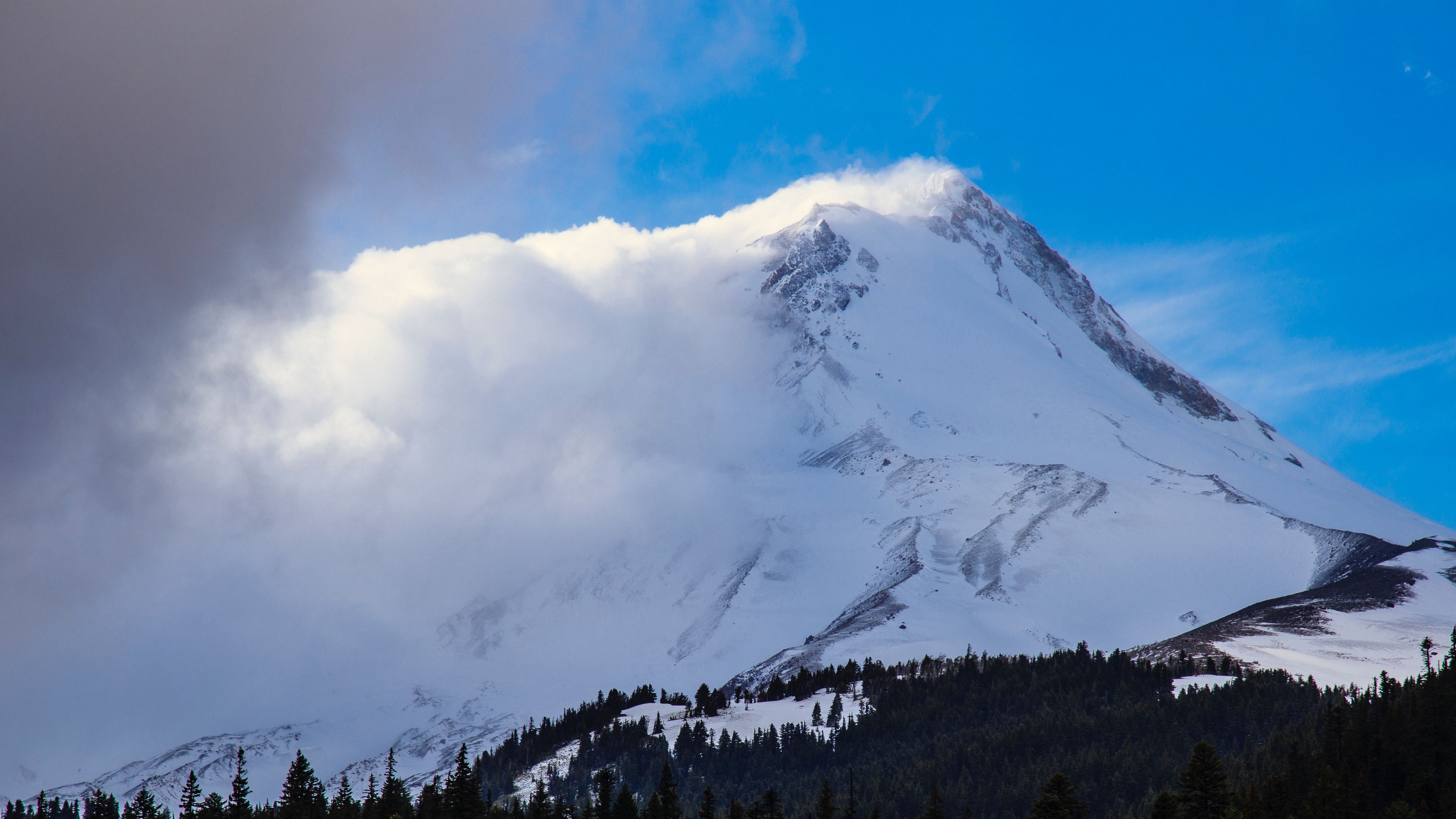 mountains, snow, peak, fog, 4k, HD Wallpaper