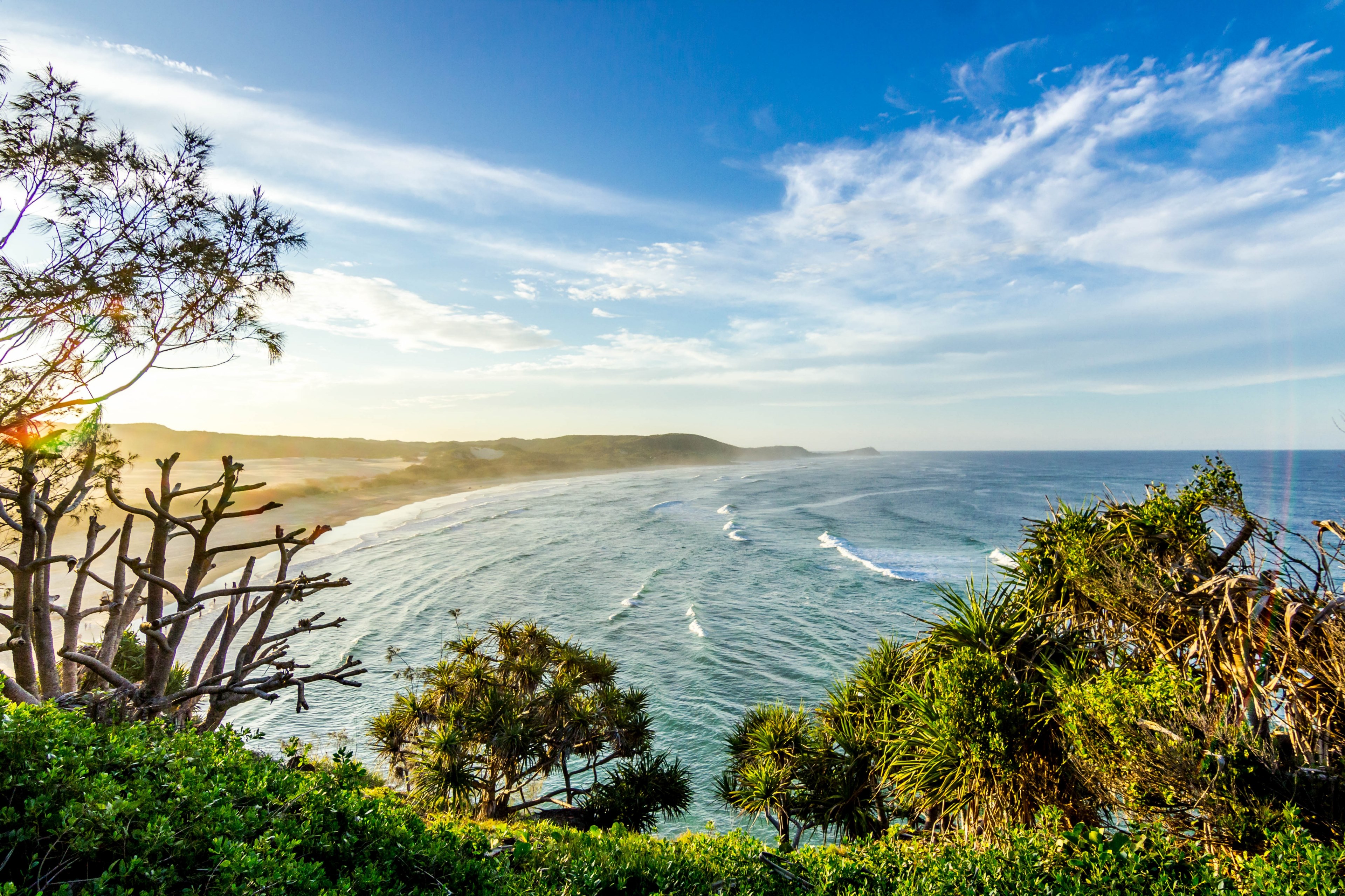 a sunlit coastline covered in green shrubs stretching towards the horizon, fraser island 4k, HD Wallpaper