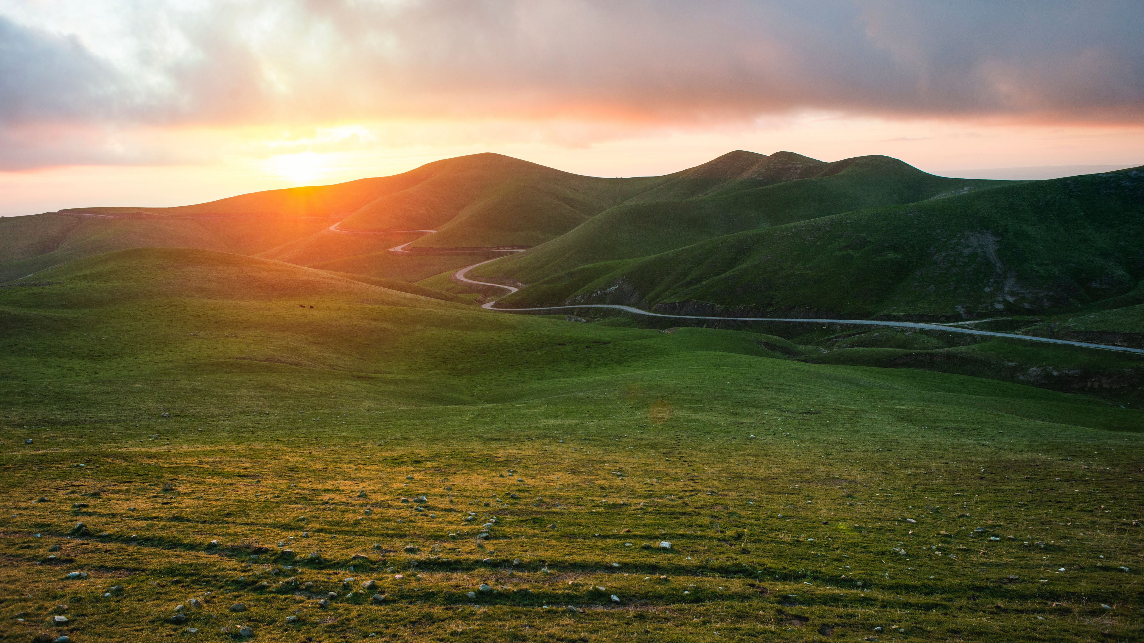 valley, grass, sunset, path, 4k, HD Wallpaper
