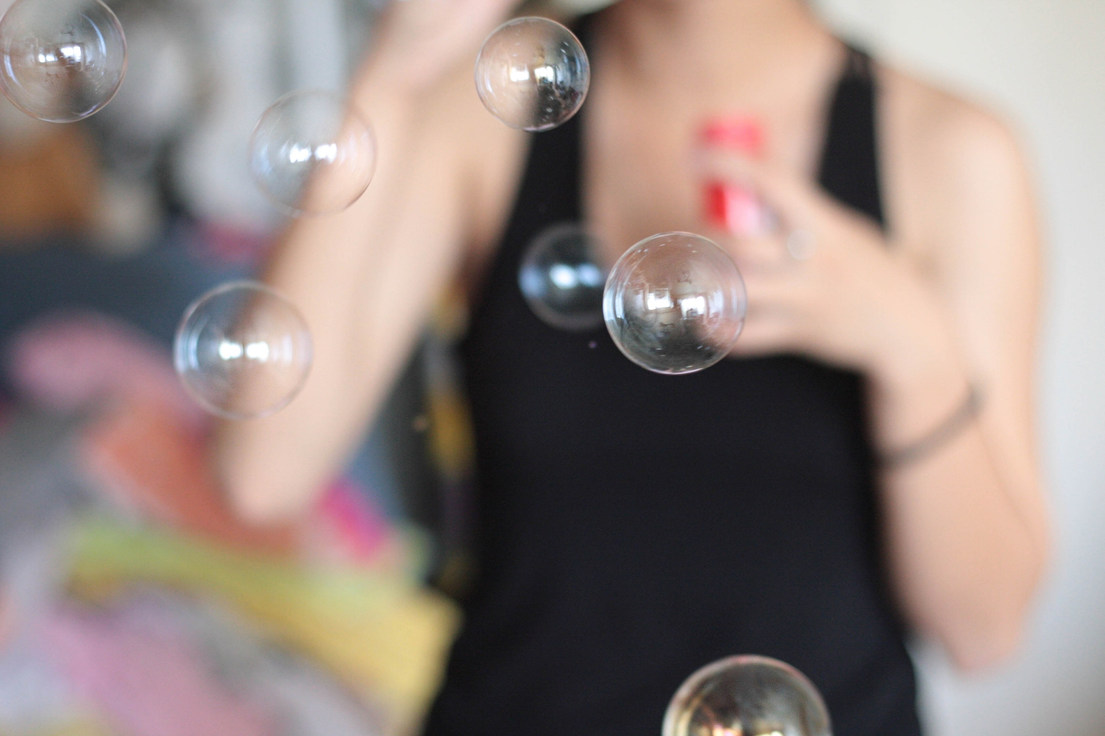 a woman blowing bubbles from a red container, bubble fun 4k, HD Wallpaper