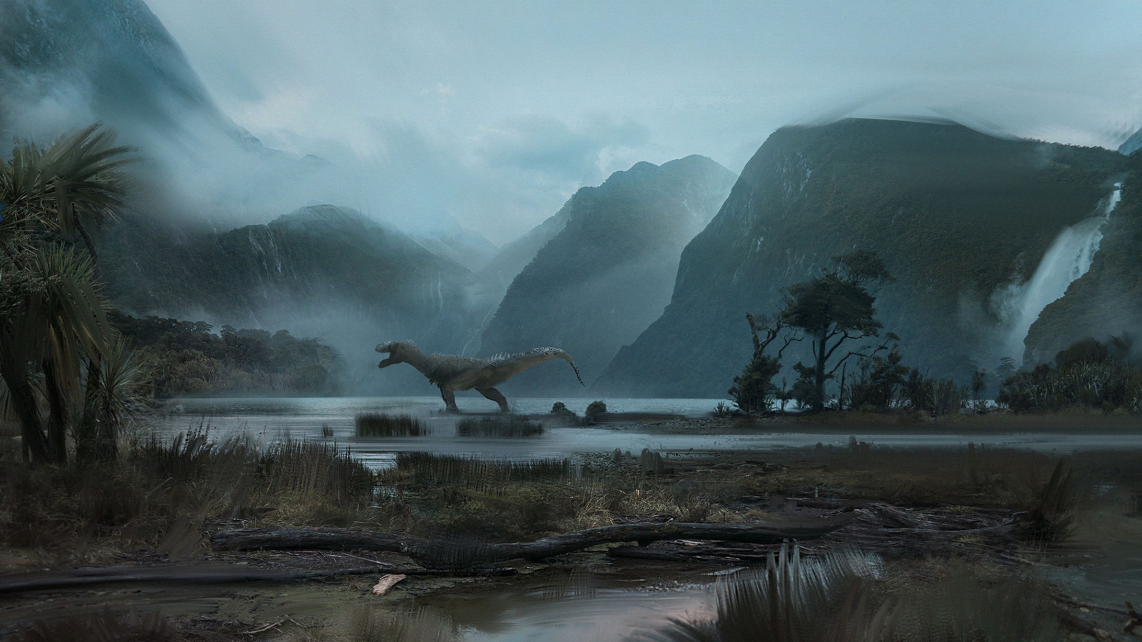 dinosaur, mountains, art, 4k, HD Wallpaper