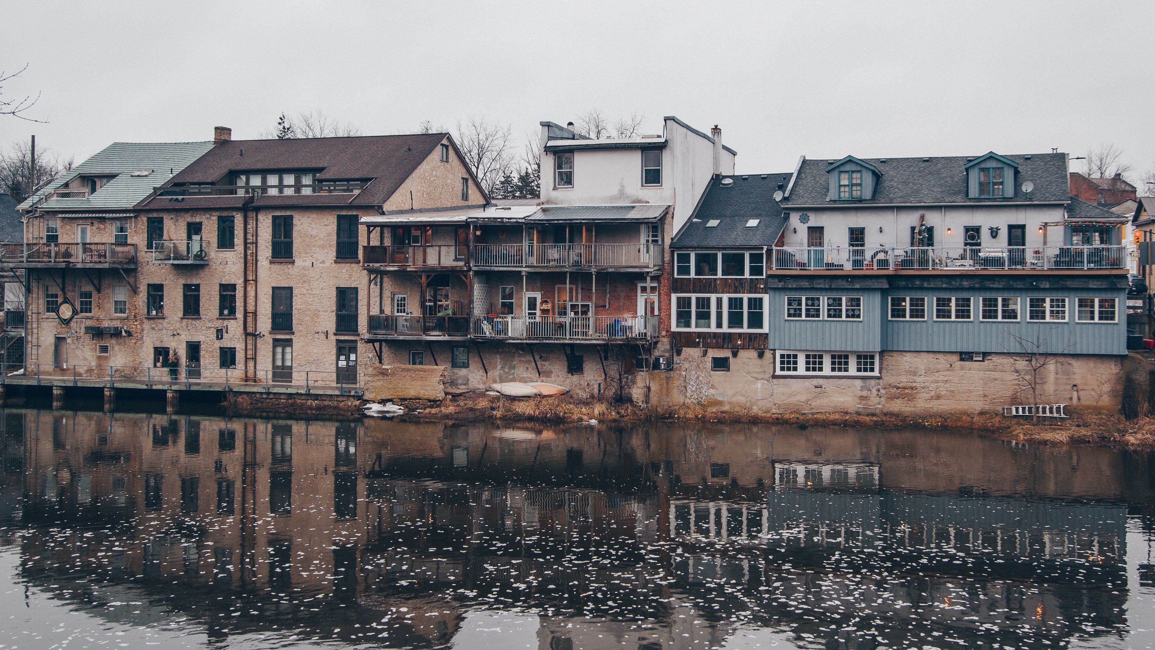 buildings, river, reflection, 4k, HD Wallpaper