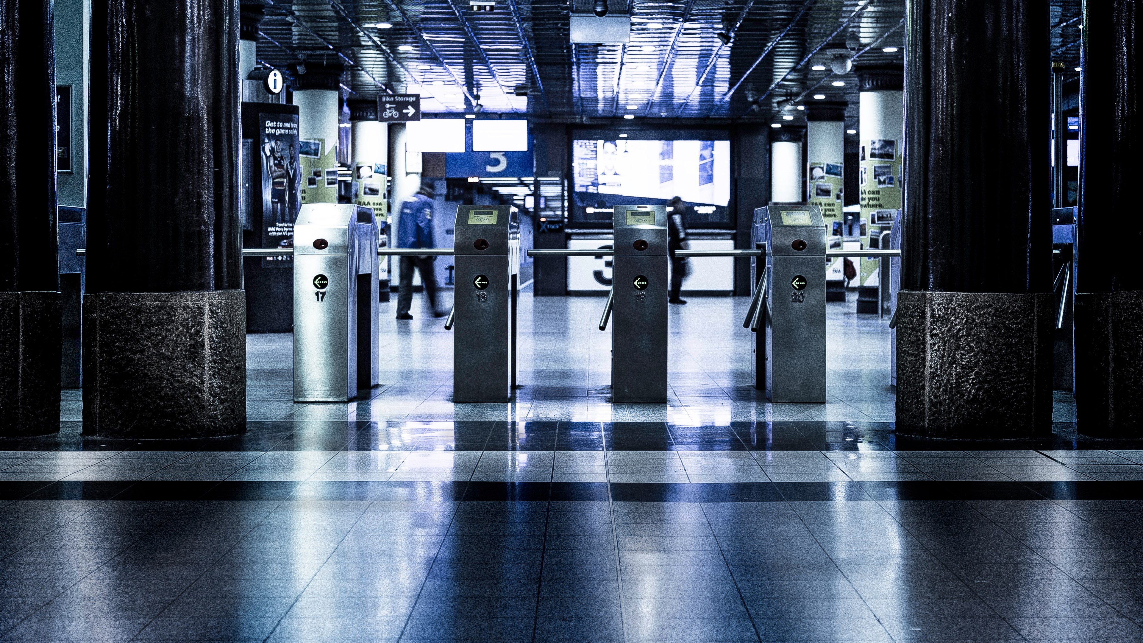 turnstiles at the entrance to a public transport station, commuting in the city 4k, HD Wallpaper