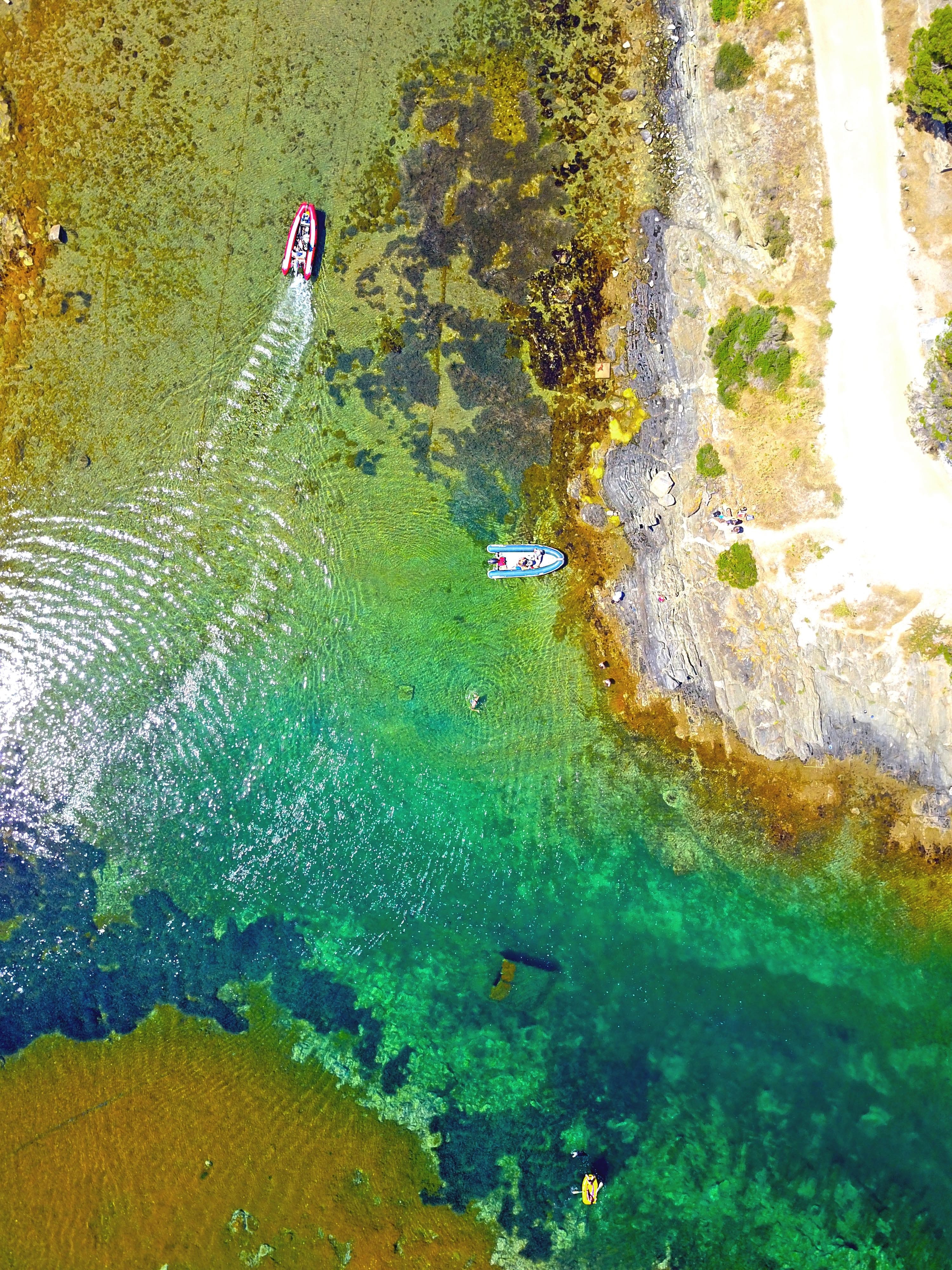 drone view of boats in colorful shallow waters in catalunya spain, _cadaque colour 4k, Phone HD Wallpaper