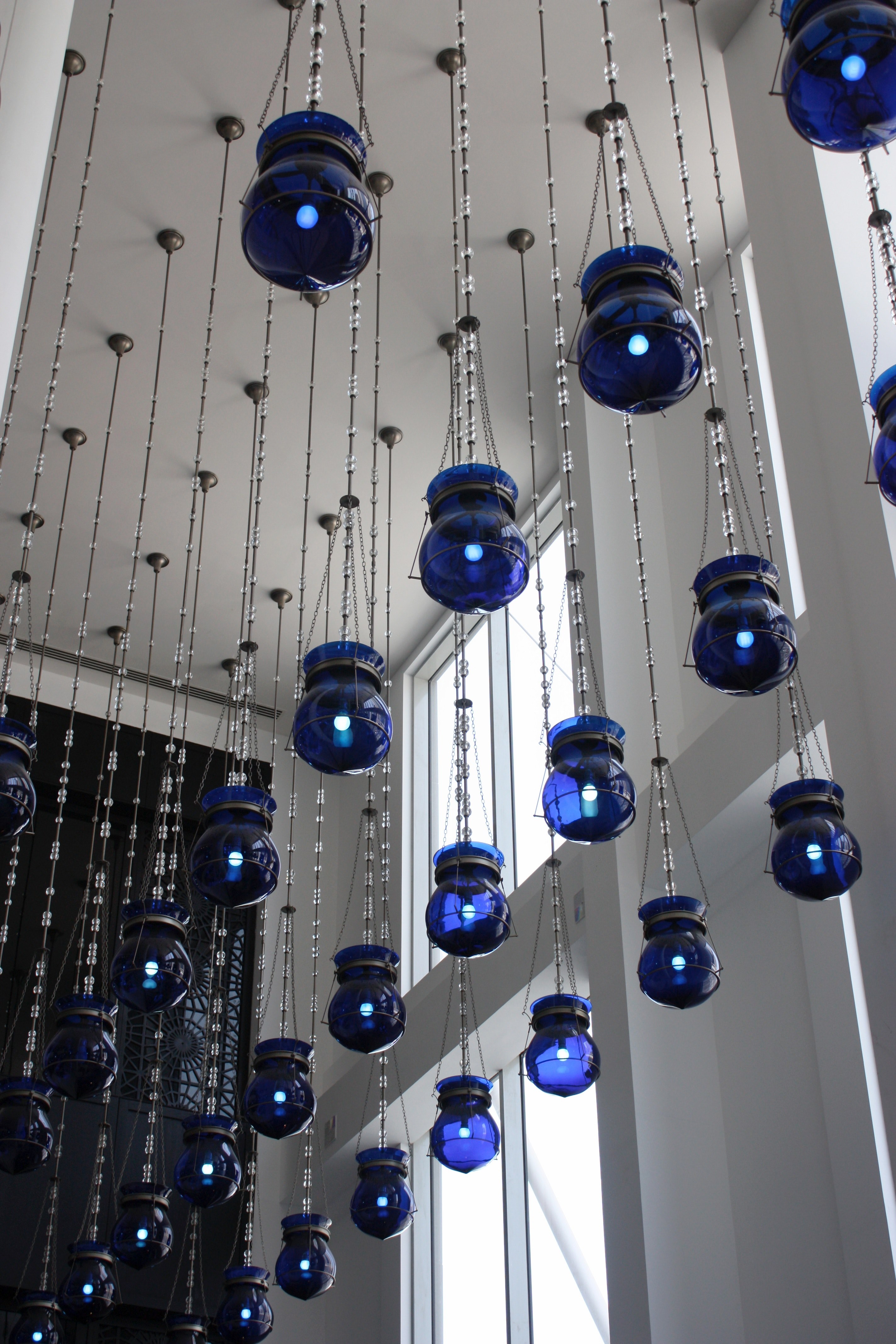 blue lanterns hanging from the ceiling in a white tall room, blue lanterns hanging from ceiling 4k, Phone HD Wallpaper