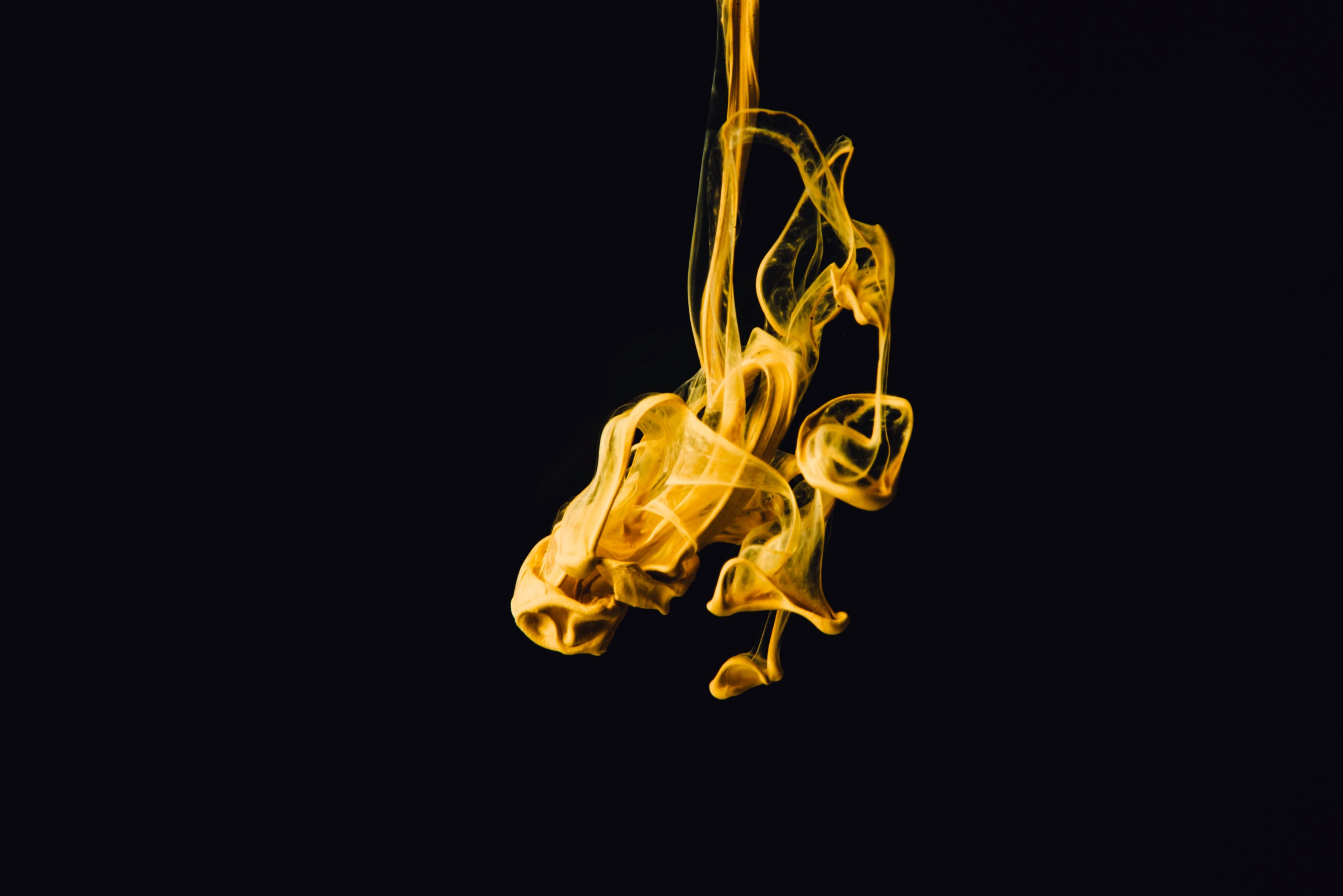 a yellow gold smoky liquid substance seems to swim through the atmosphere against a black background, abstract smoky liquid 4k, HD Wallpaper