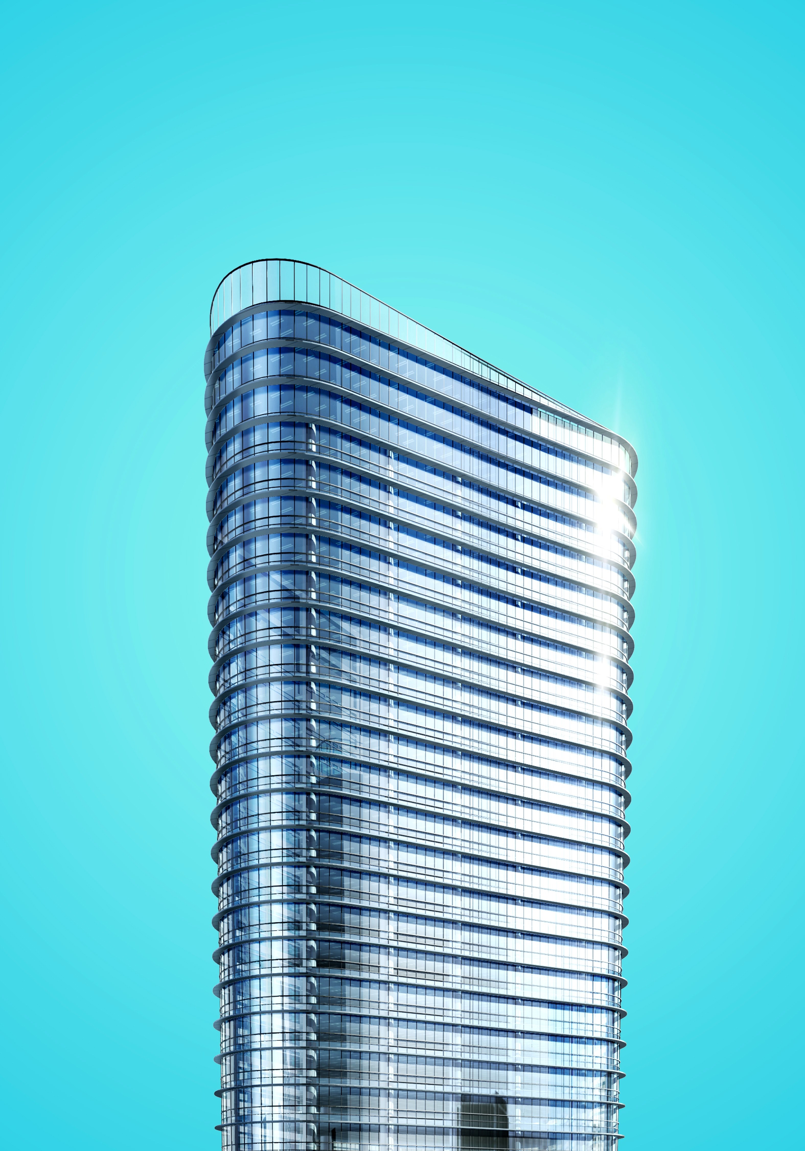 a modern skyscraper with a round facade against a blue sky, contemporary skyscraper 4k, Phone HD Wallpaper