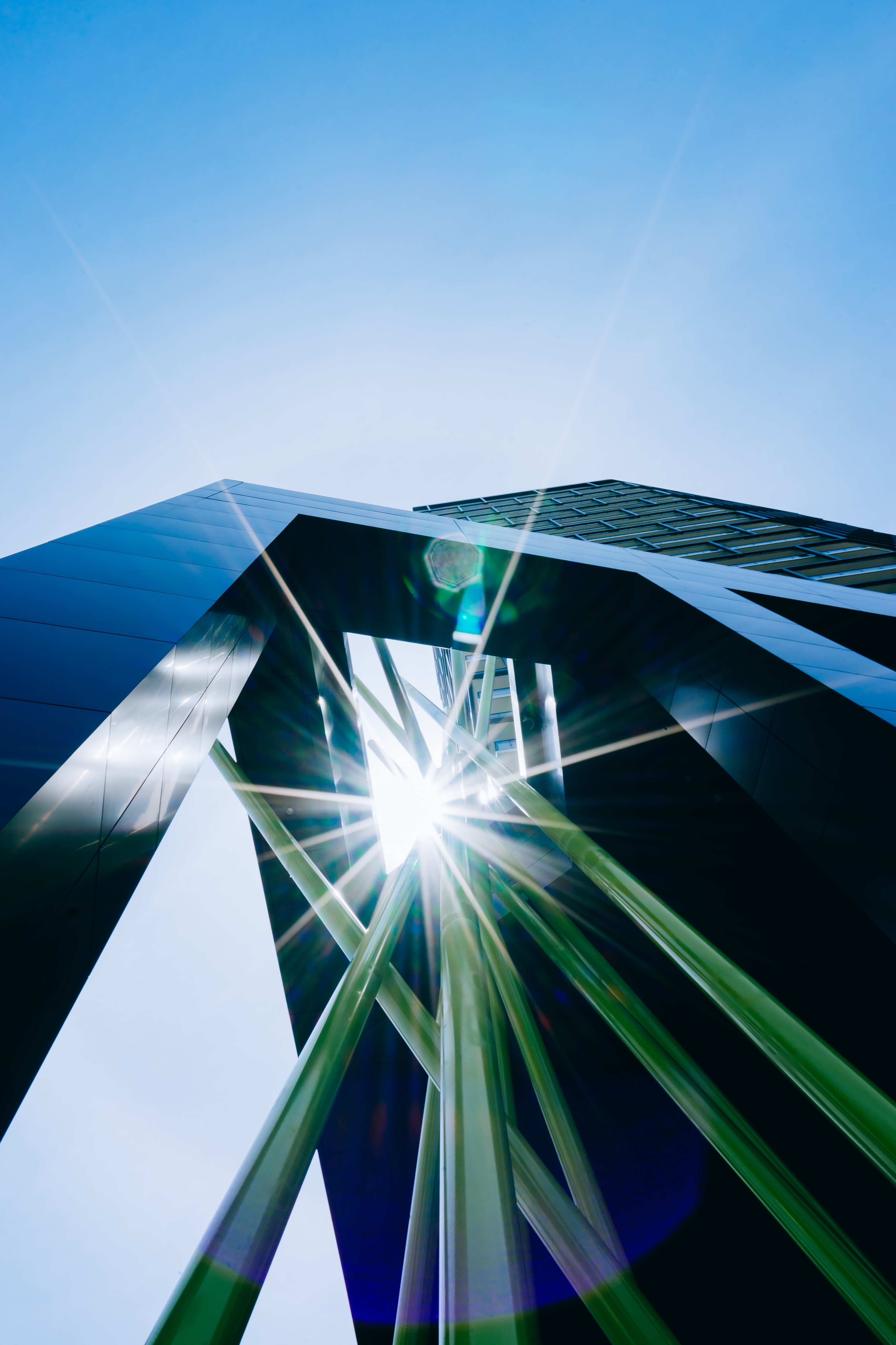 blue sky building facade and sun flare hd, 4k, Phone HD Wallpaper