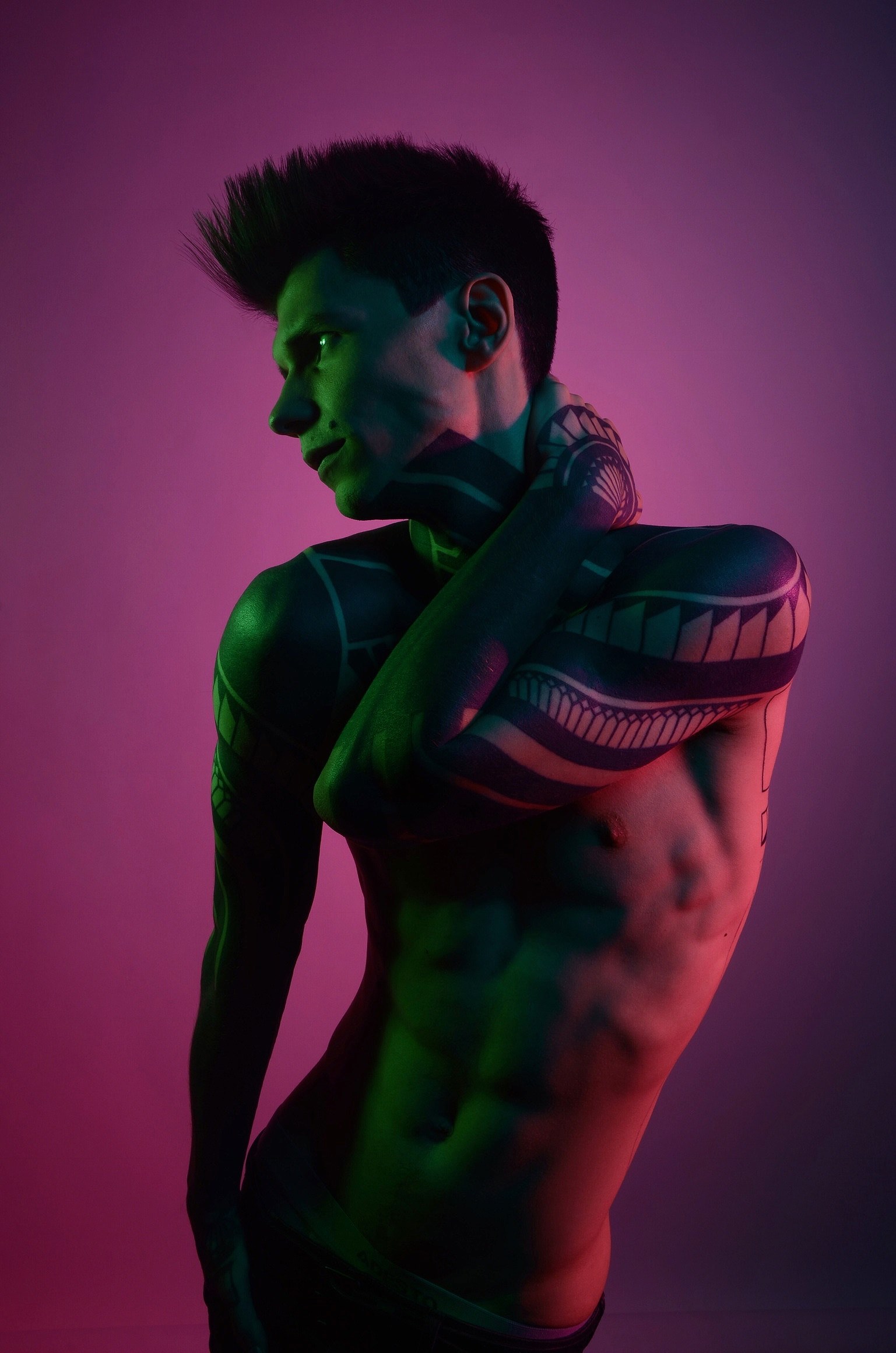 naked model with tattoo sleeves poses against a pink background, jake davies 4k, Phone HD Wallpaper