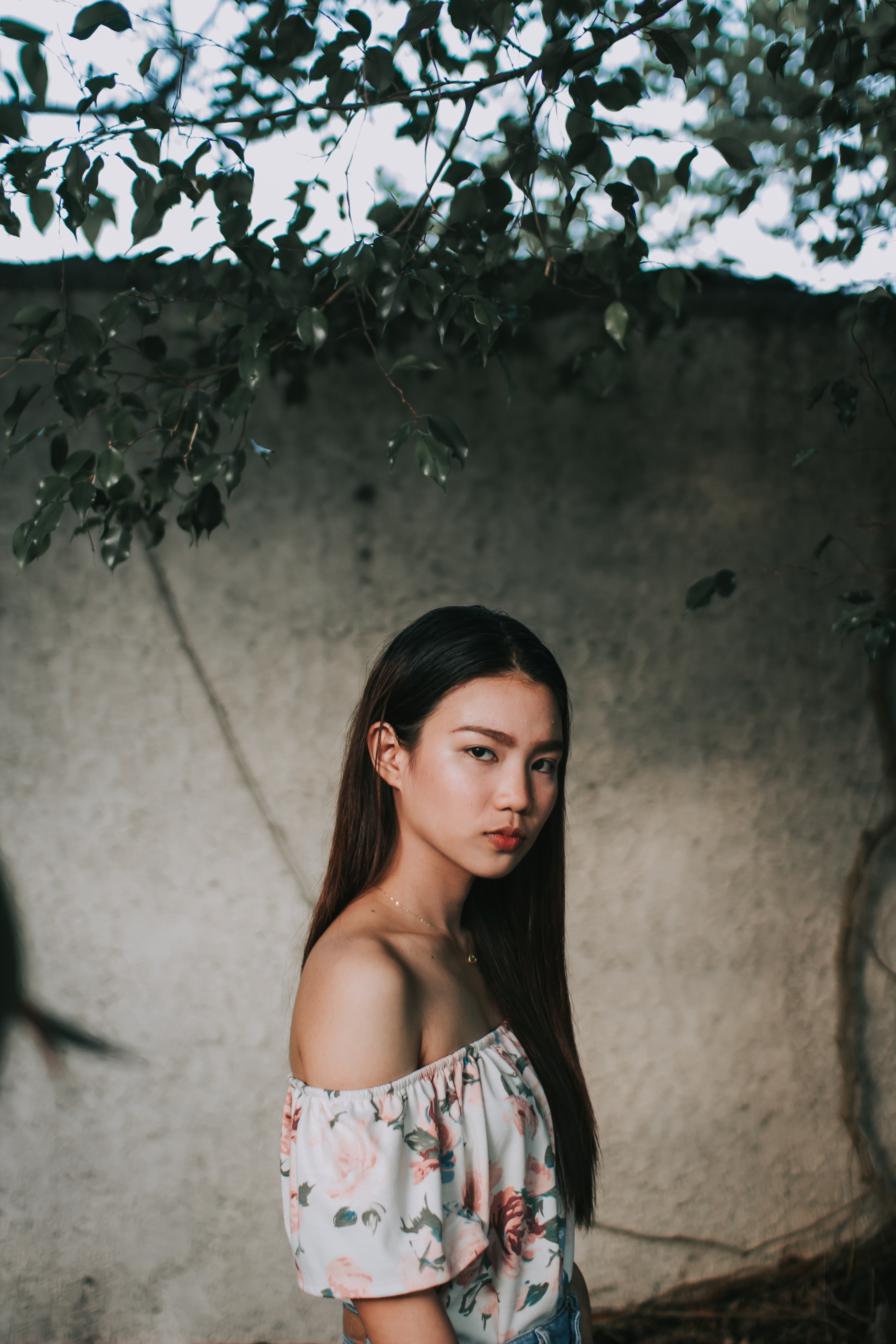woman with an off the shoulder floral blouse standing in front of a concrete wall with an overhanging tree branch, off the shoulder fashion 4k, Phone HD Wallpaper