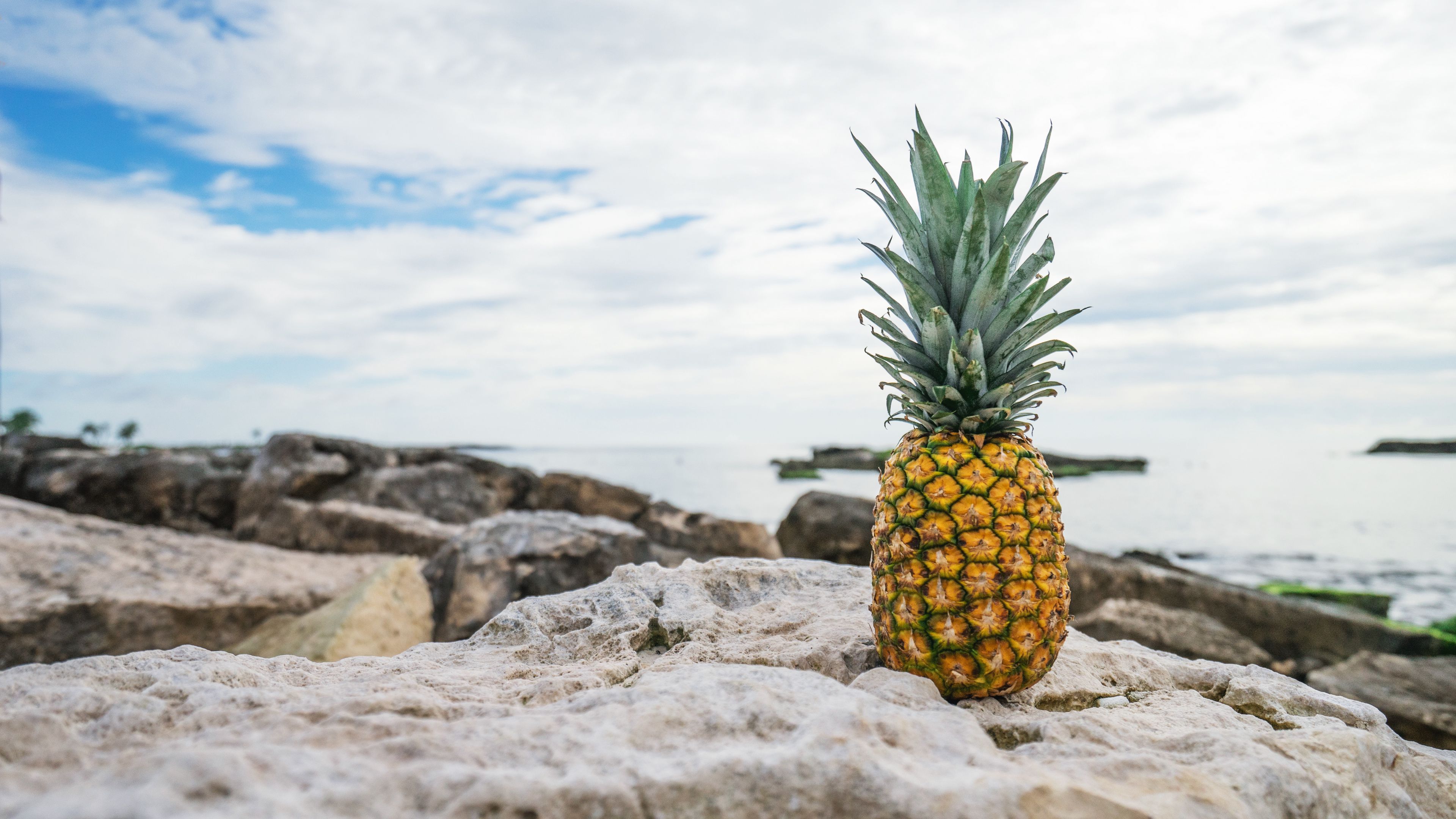pineapple, beach, stones, 4k, HD Wallpaper