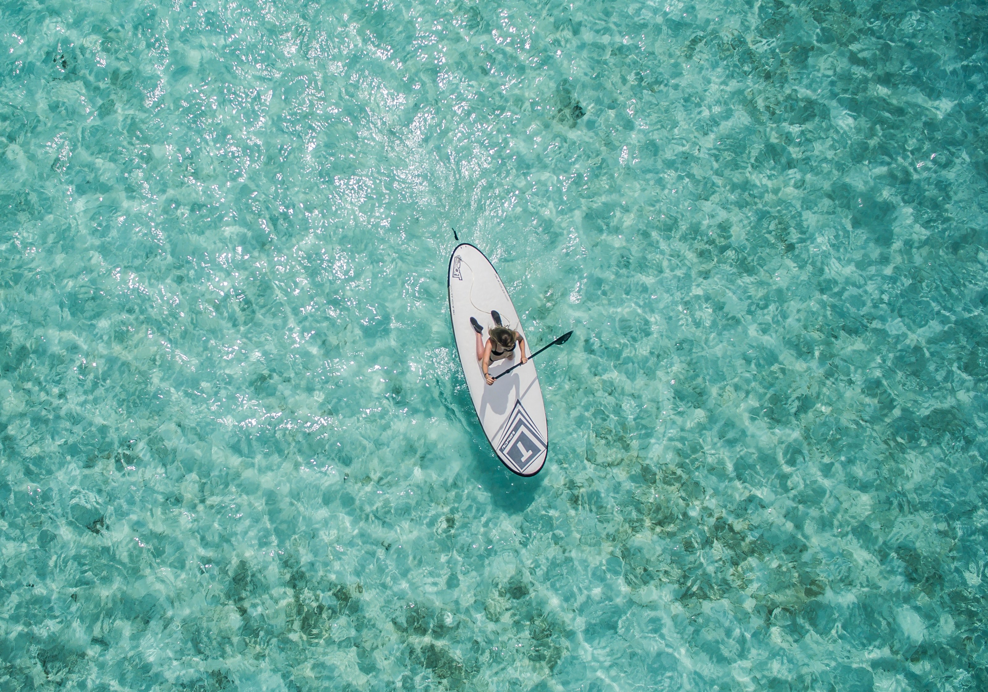 a drone shot of a woman paddling on a white wakeboard on the clear surface of water, from the sky 4k, HD Wallpaper