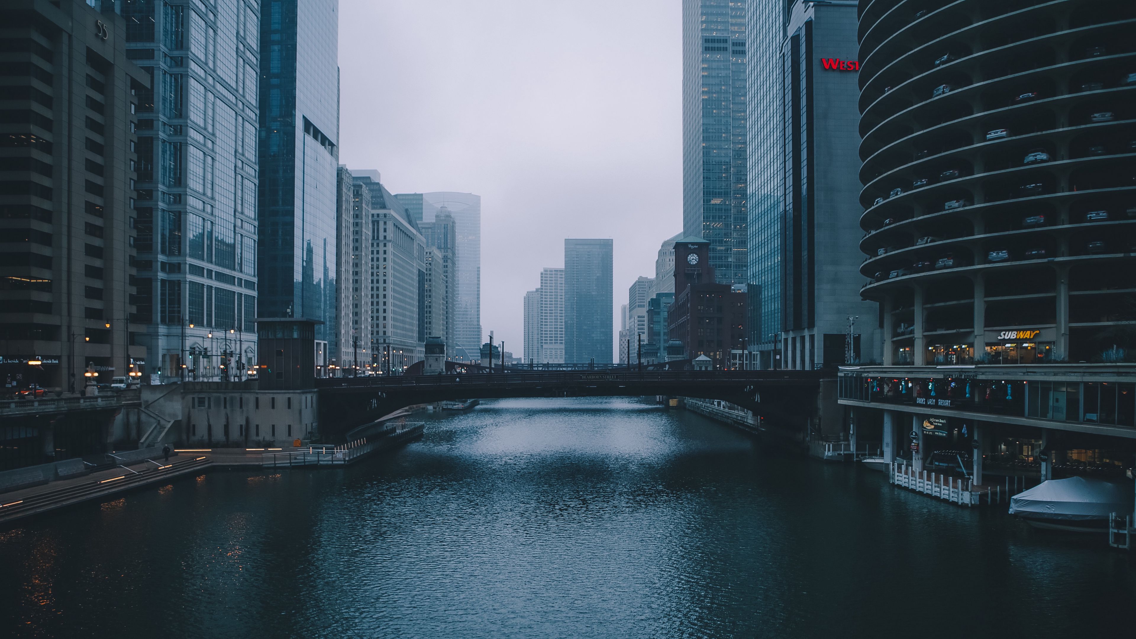 bridge, building, skyscrapers, river, 4k, HD Wallpaper