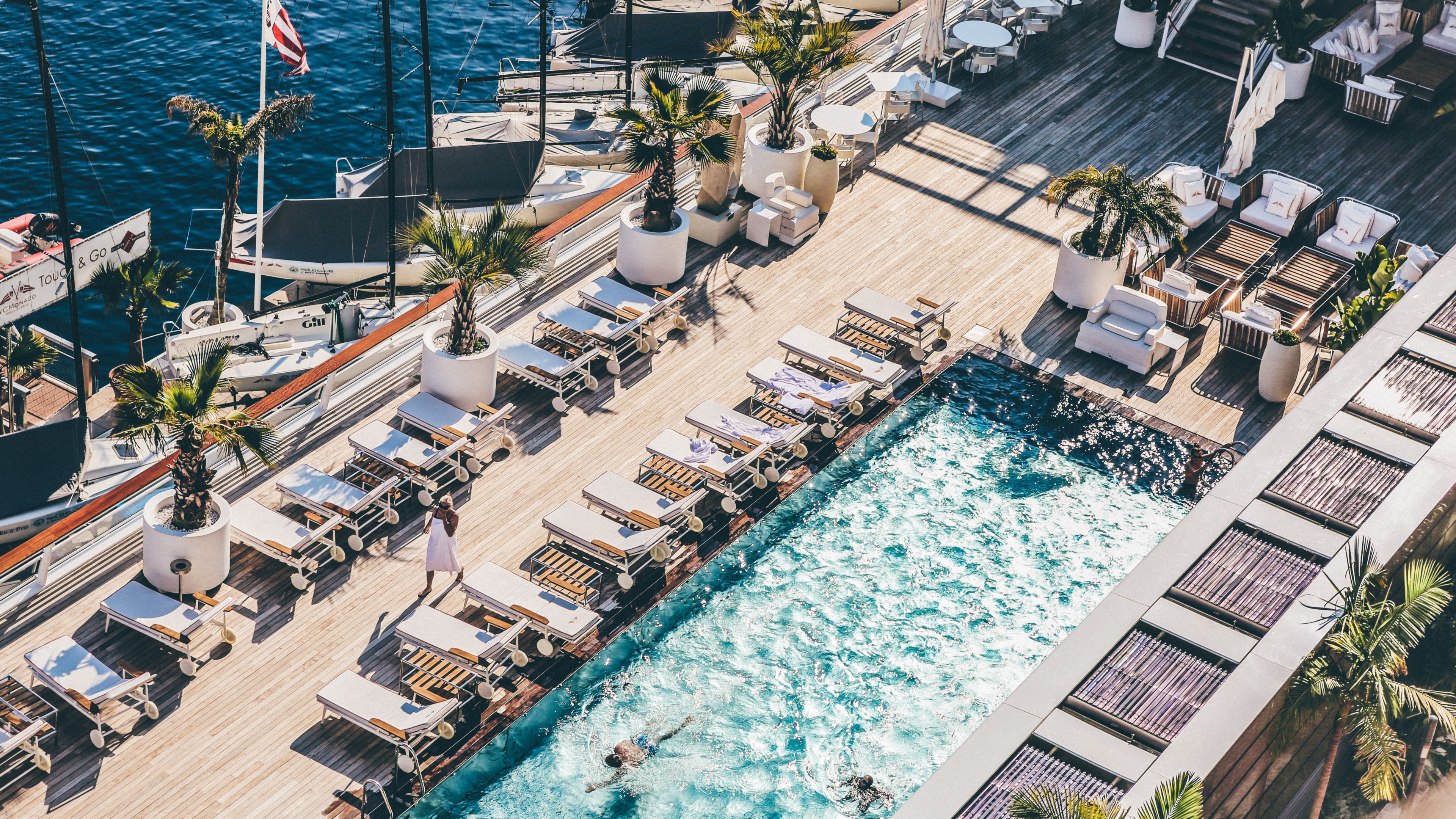 top view of rows of deck chairs and a small pool on a luxury boat, luxury boat deck 4k, HD Wallpaper