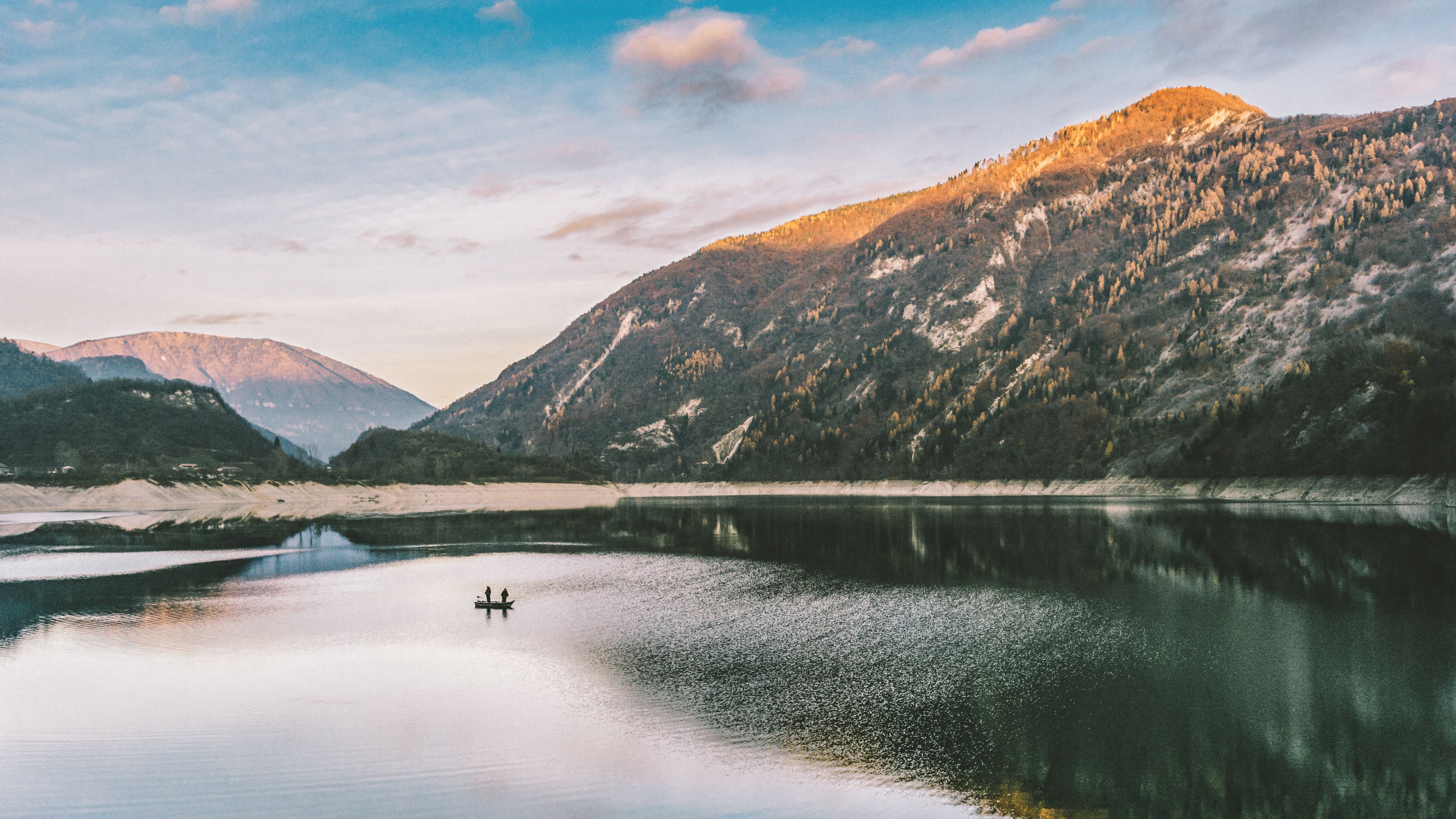mountain, lake, boat, reflection, 4k, HD Wallpaper