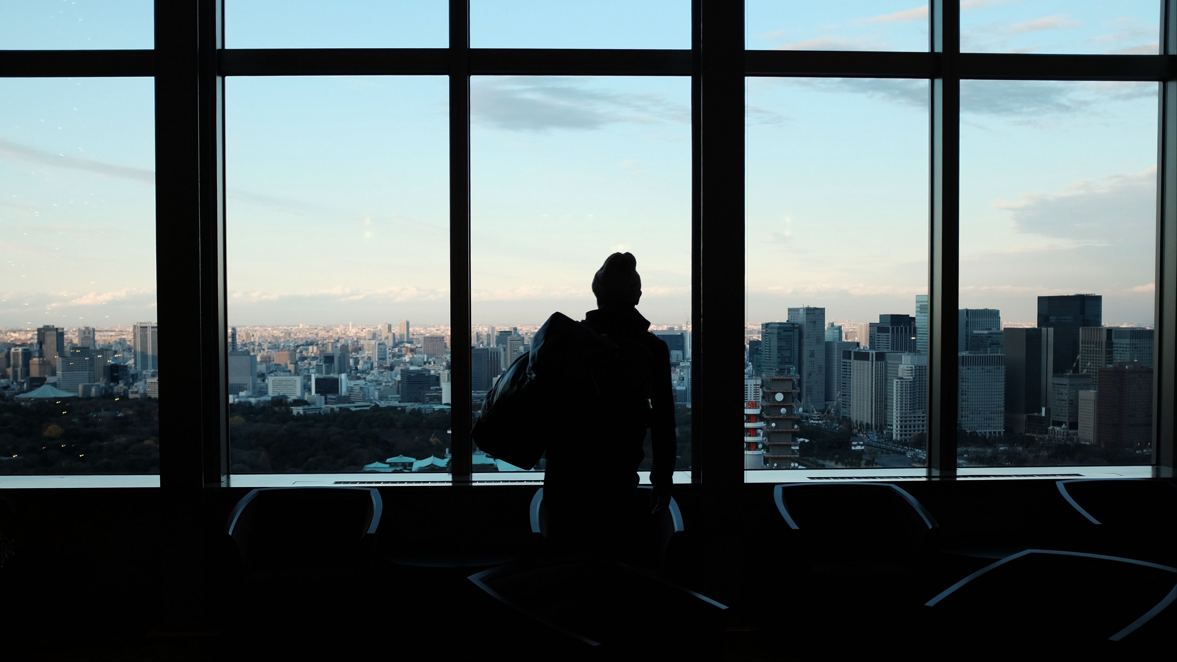 silhouette, window, city, 4k, HD Wallpaper