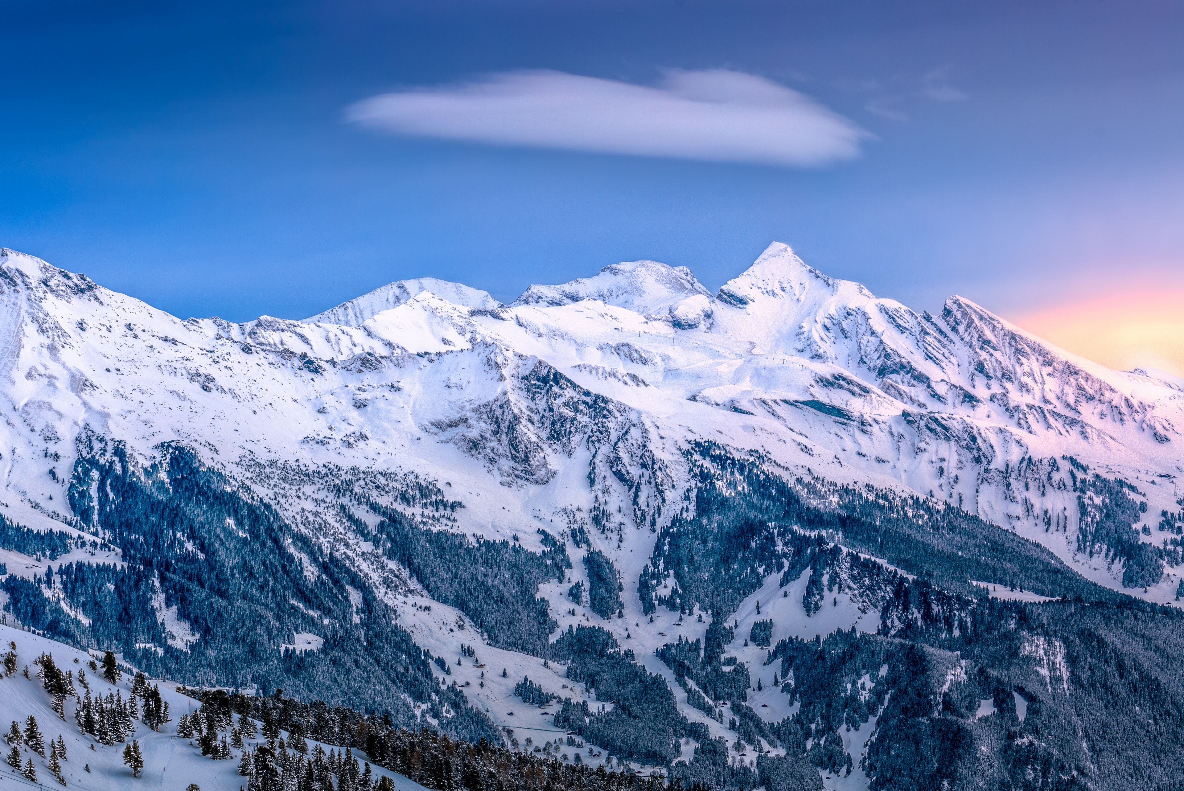 a majestic snowy peak rising above a mountain slope covered with coniferous forest, dramatic alpine scenery 4k, HD Wallpaper