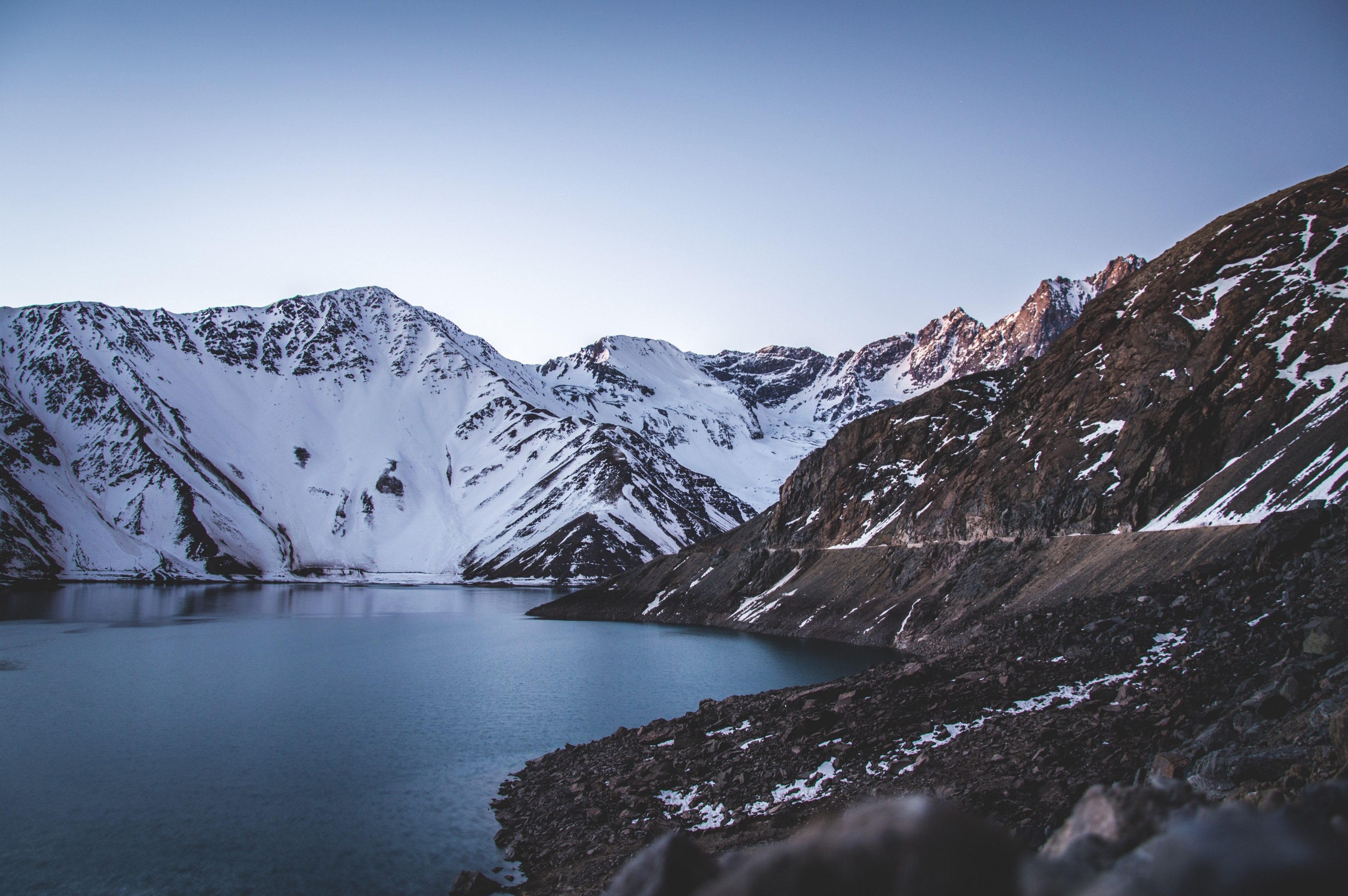 snow covered mountains surround a blue lake in el yeso dam, _snow covered mountains in el yeso dam 4k, HD Wallpaper