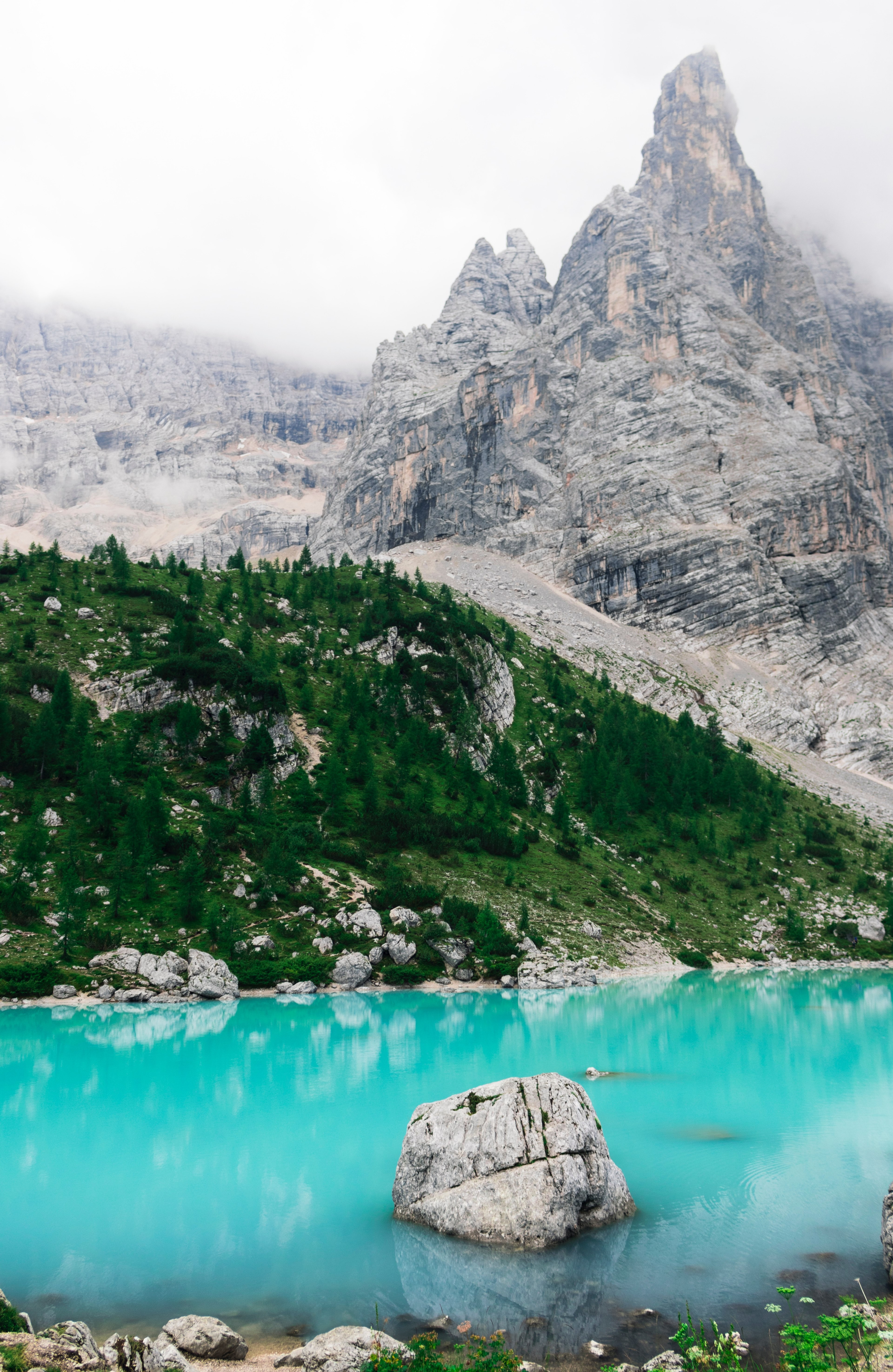 rock lake mountain and cloud hd, 4k, Phone HD Wallpaper