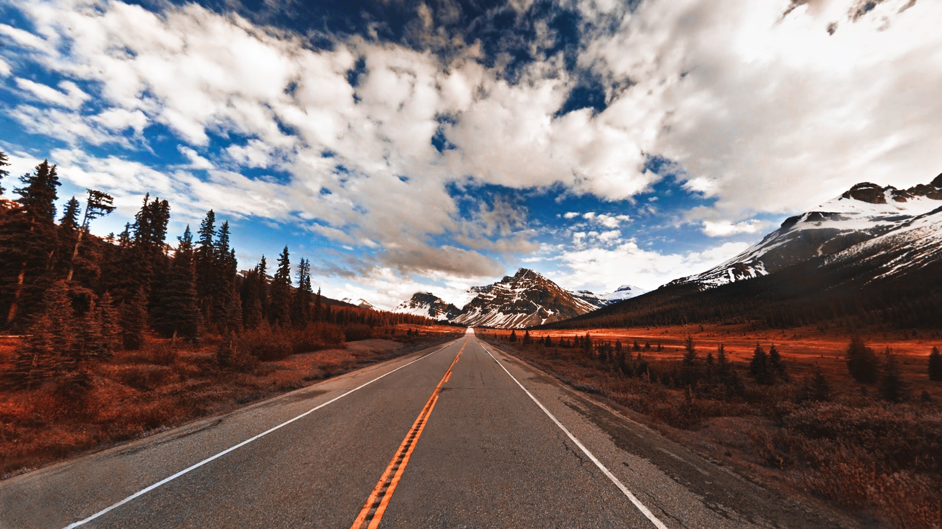a road in alberta surrounded by snowcapped mountains blue sky and clouds, alberta canada 4k, HD Wallpaper