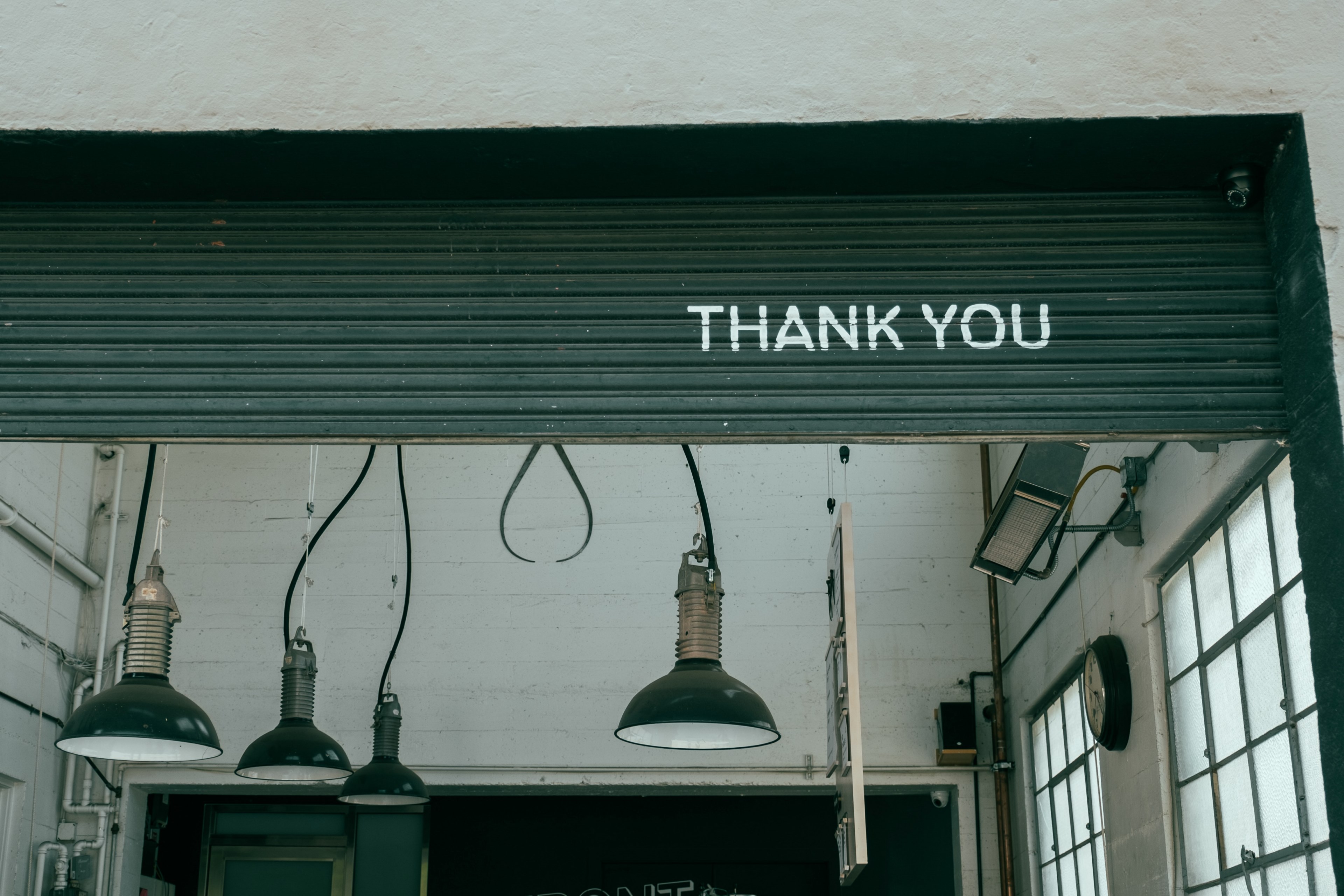 thank you written on a roll up wall in an industrial building, thank you garage interior 4k, HD Wallpaper